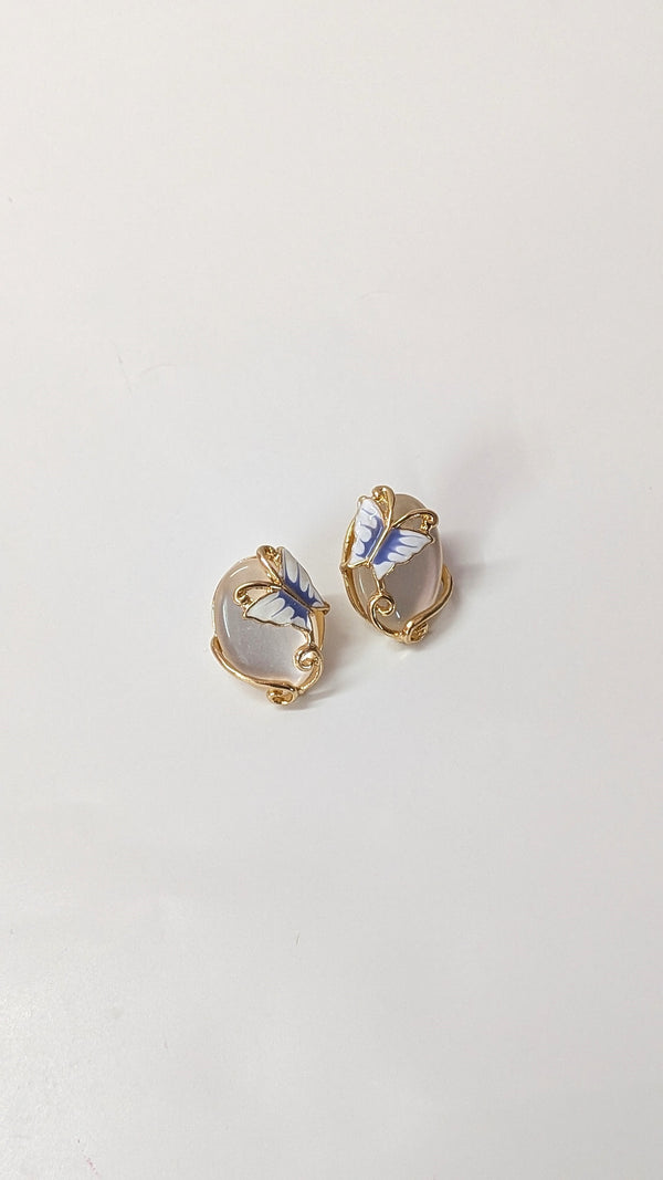 White Stone Butterfly Elegant Gold Finish Stud Earrings
