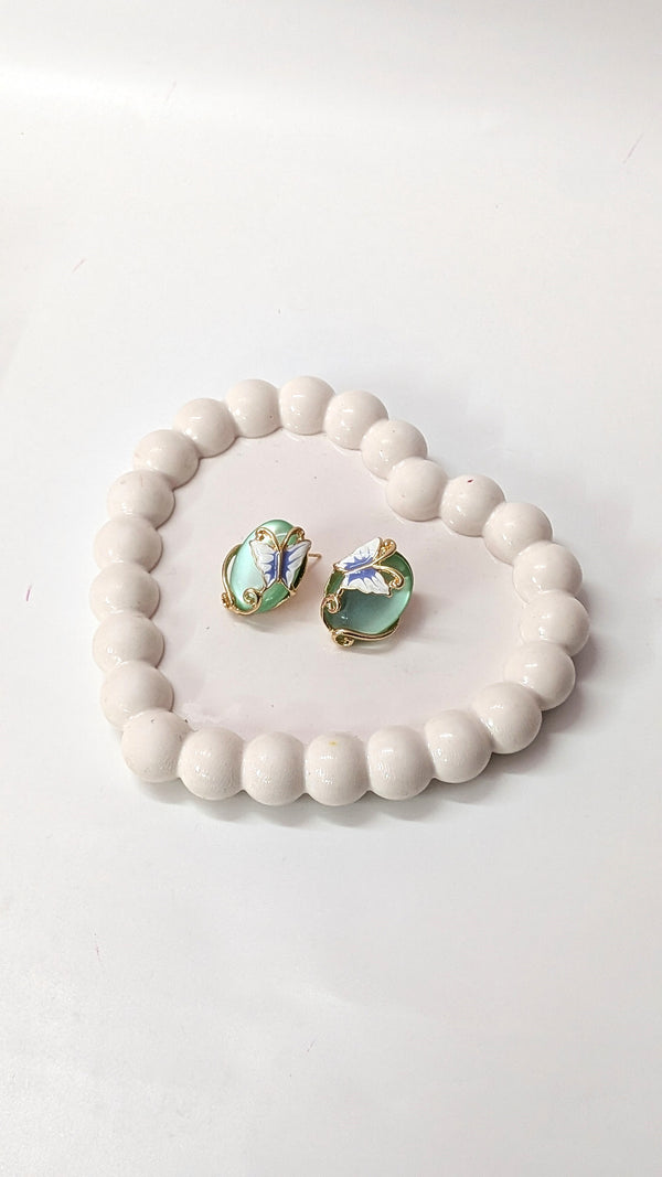 Green Stone Butterfly Elegant Gold Finish Stud Earrings