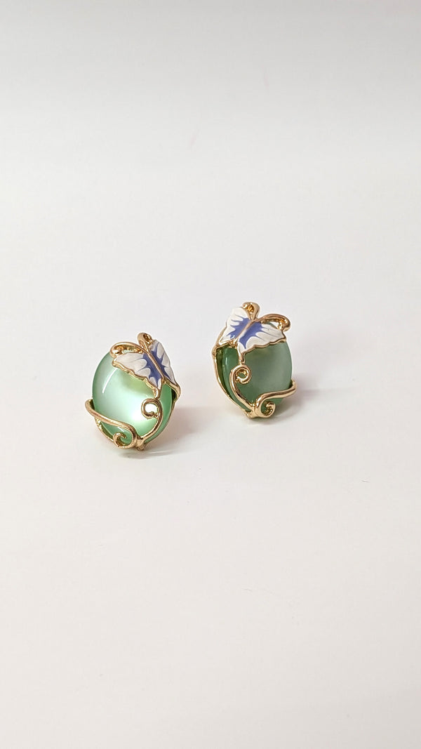 Green Stone Butterfly Elegant Gold Finish Stud Earrings