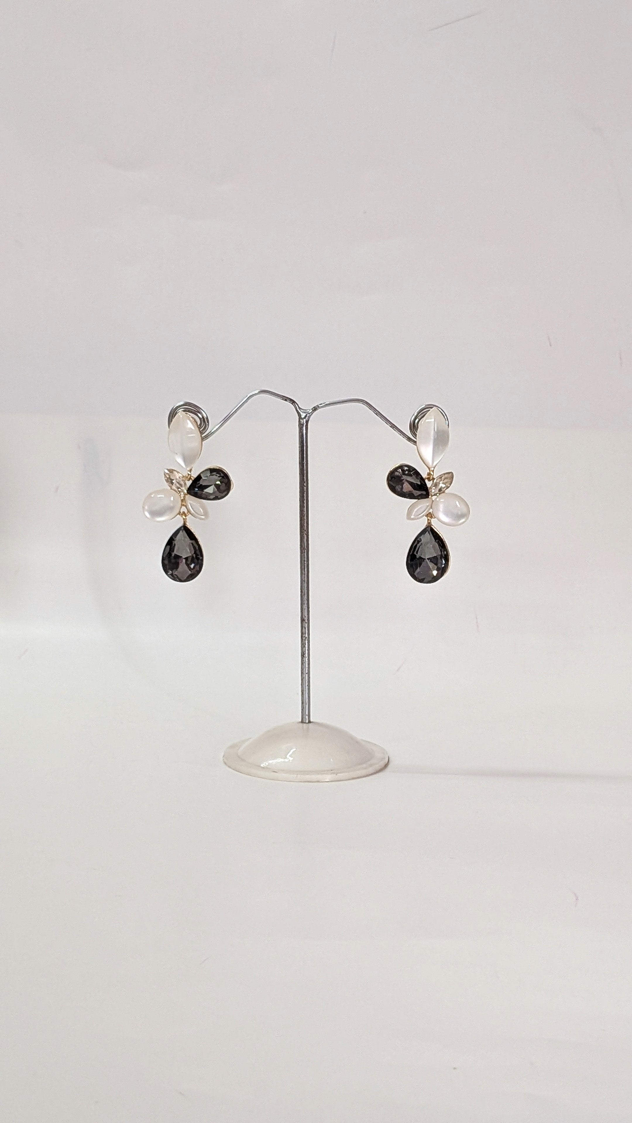 Elegant Black & White Teardrop Floral Earrings