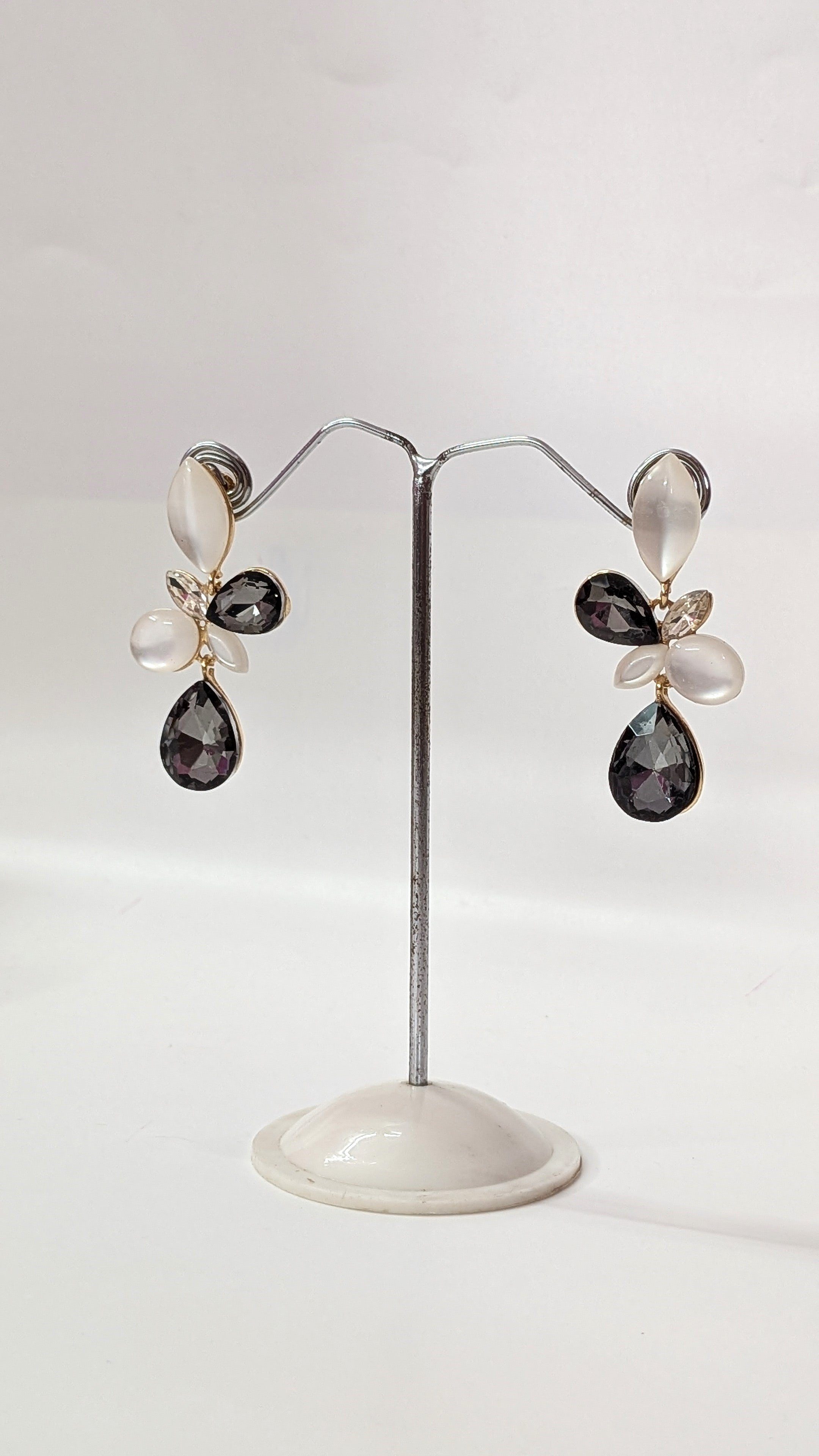 Elegant Black & White Teardrop Floral Earrings