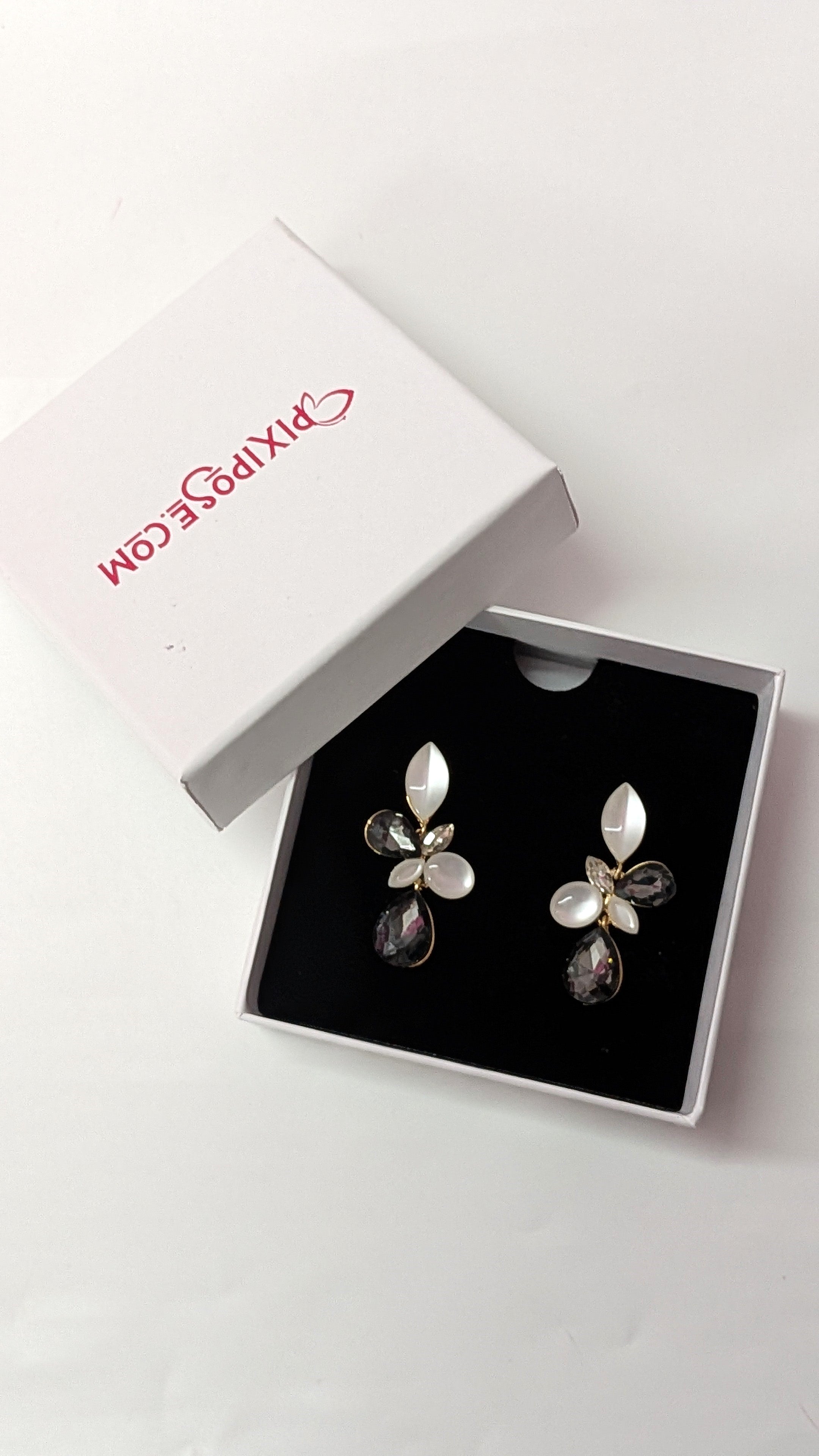 Elegant Black & White Teardrop Floral Earrings