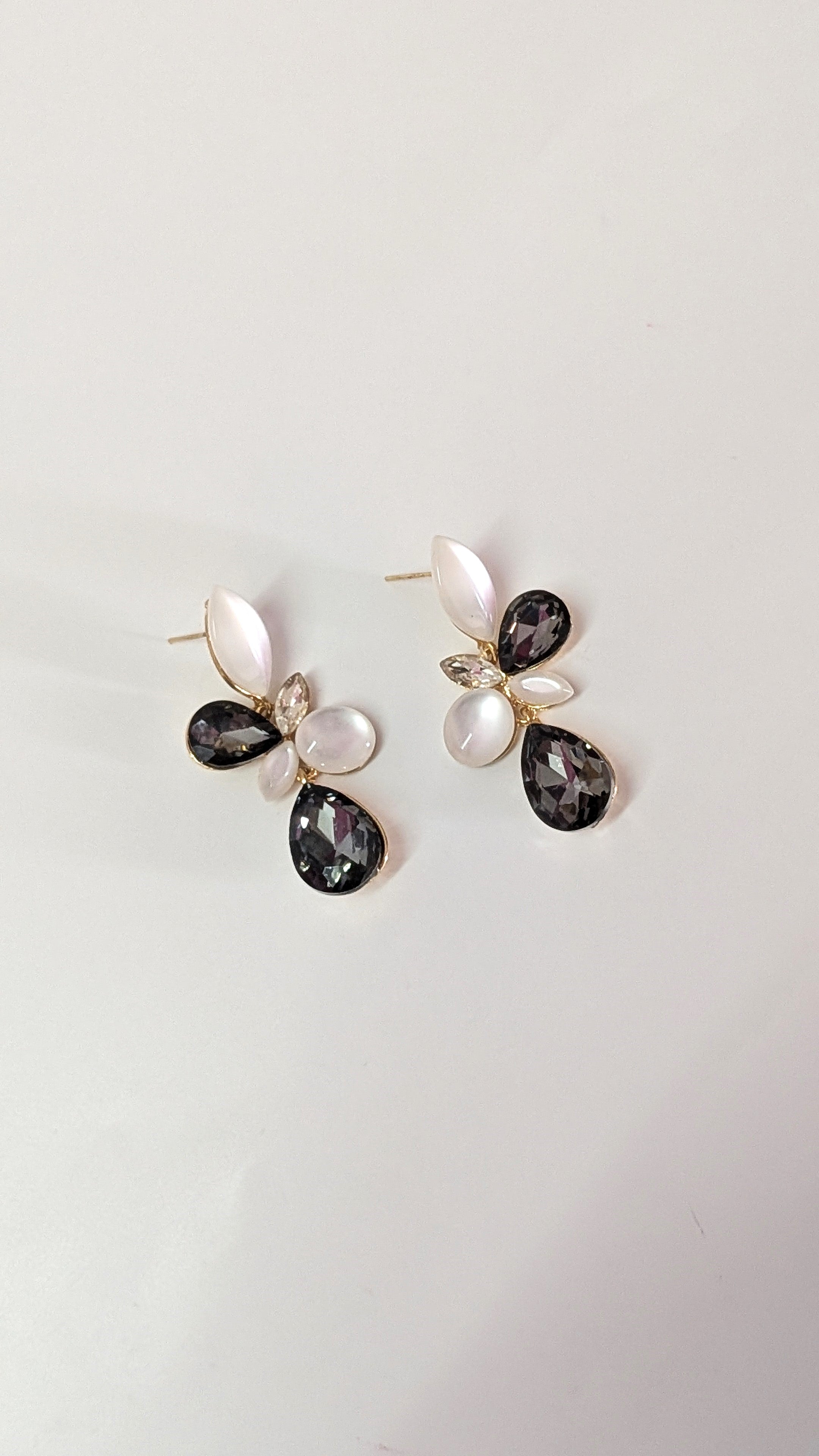Elegant Black & White Teardrop Floral Earrings