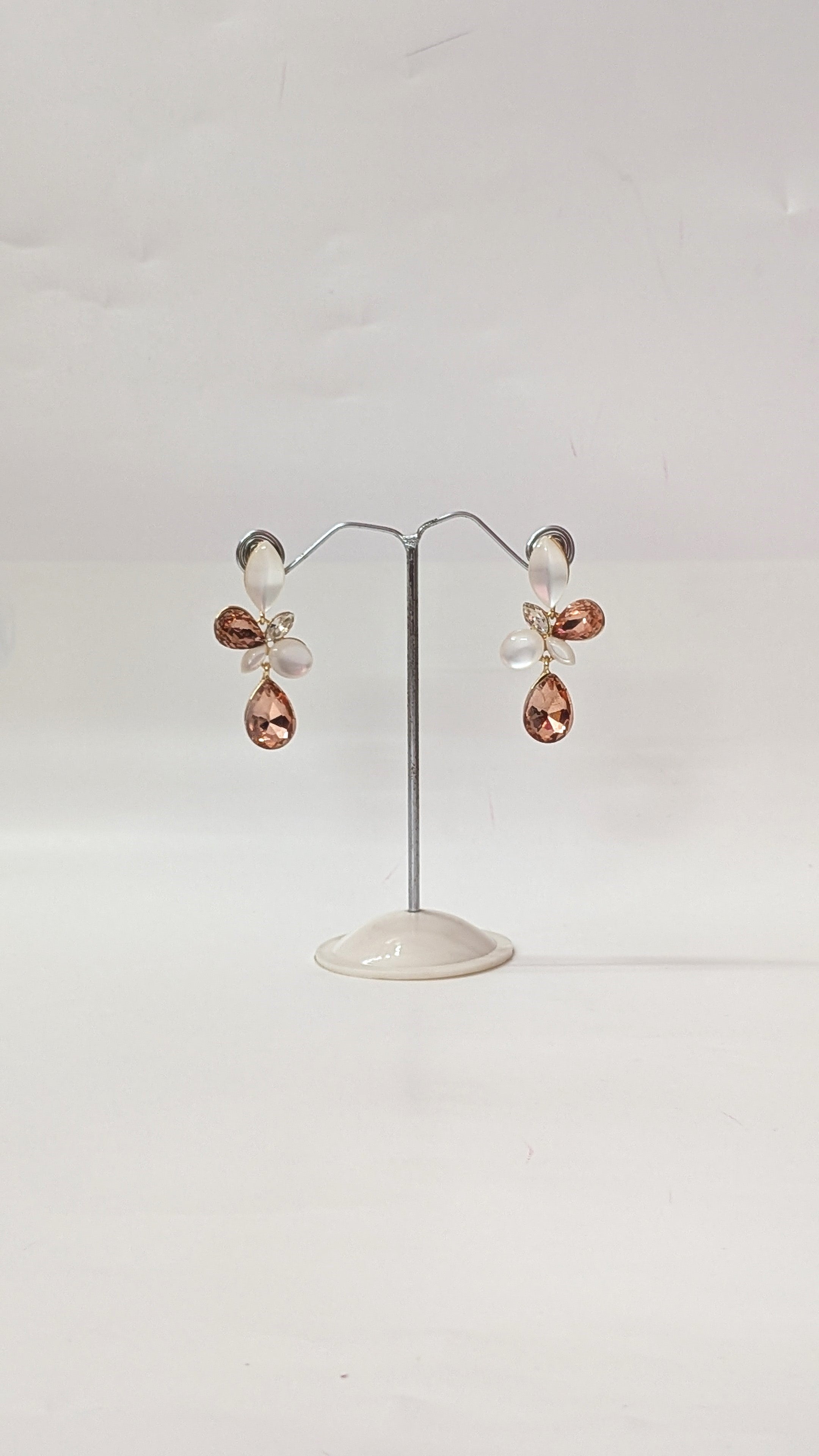 Peach Petal Floral Crystal Earrings with Pearl Drops