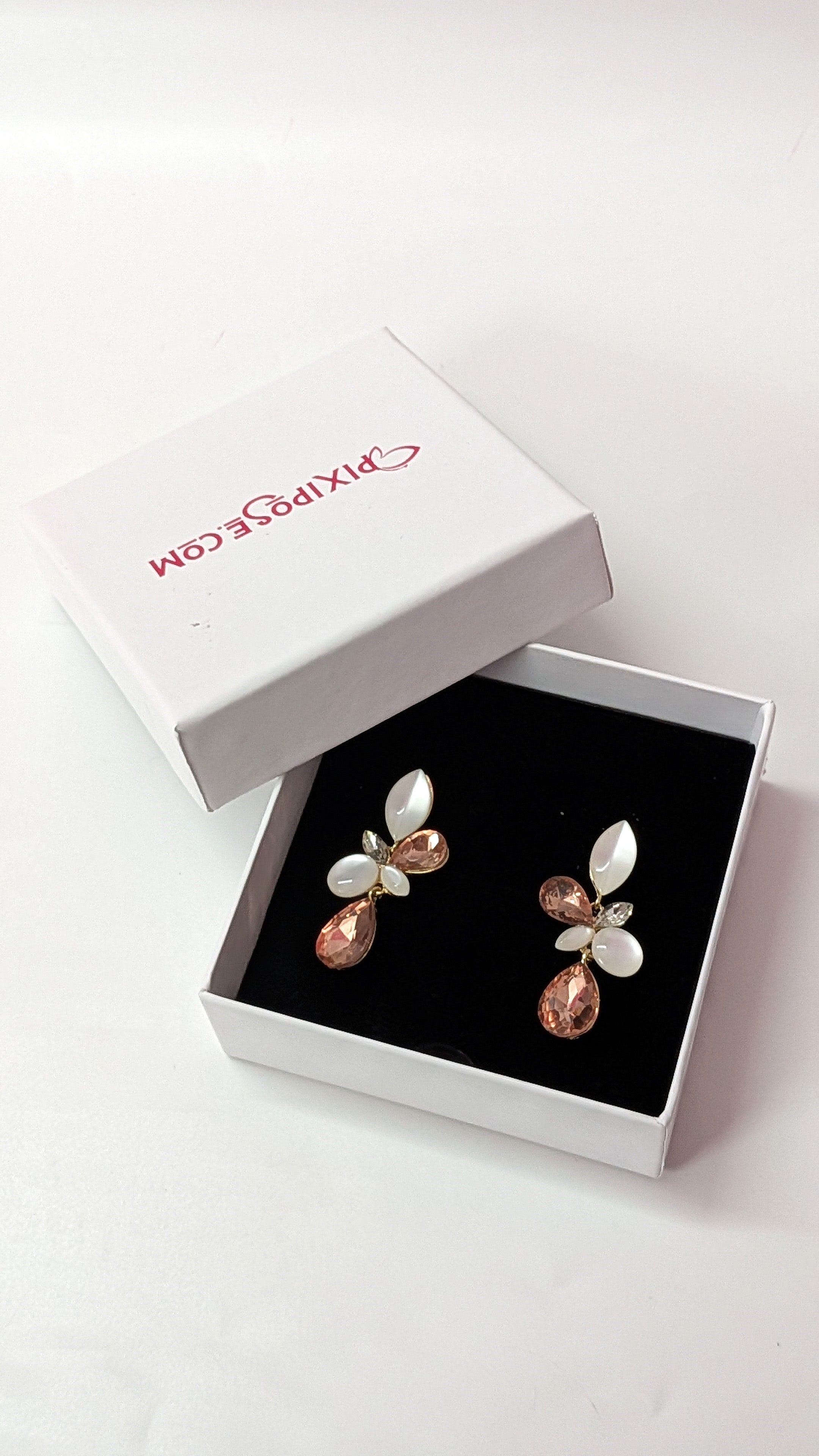 Peach Petal Floral Crystal Earrings with Pearl Drops