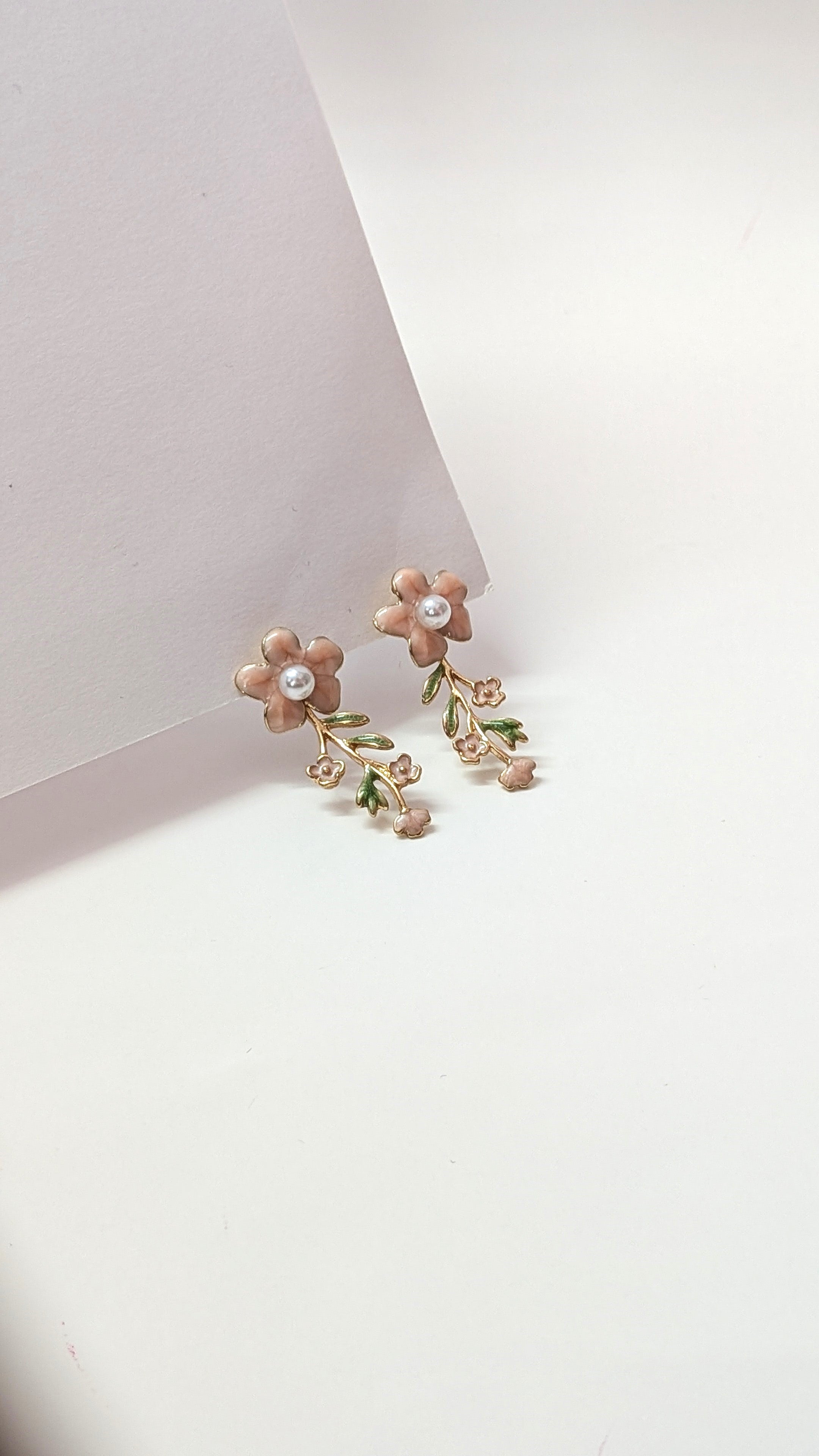 Pink Floral Enamel Dangler Earrings