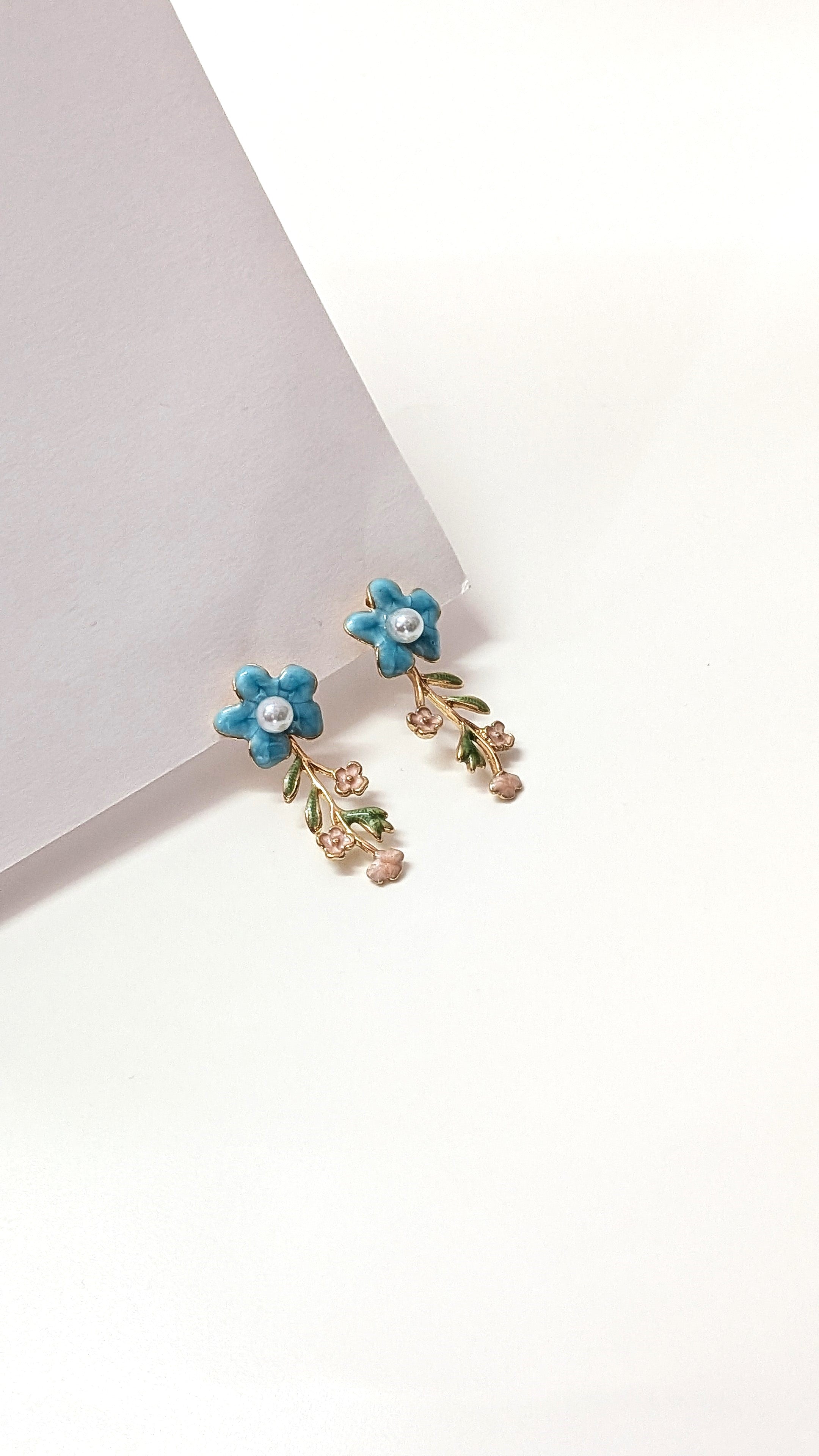 Blue Floral Enamel Dangler Earrings
