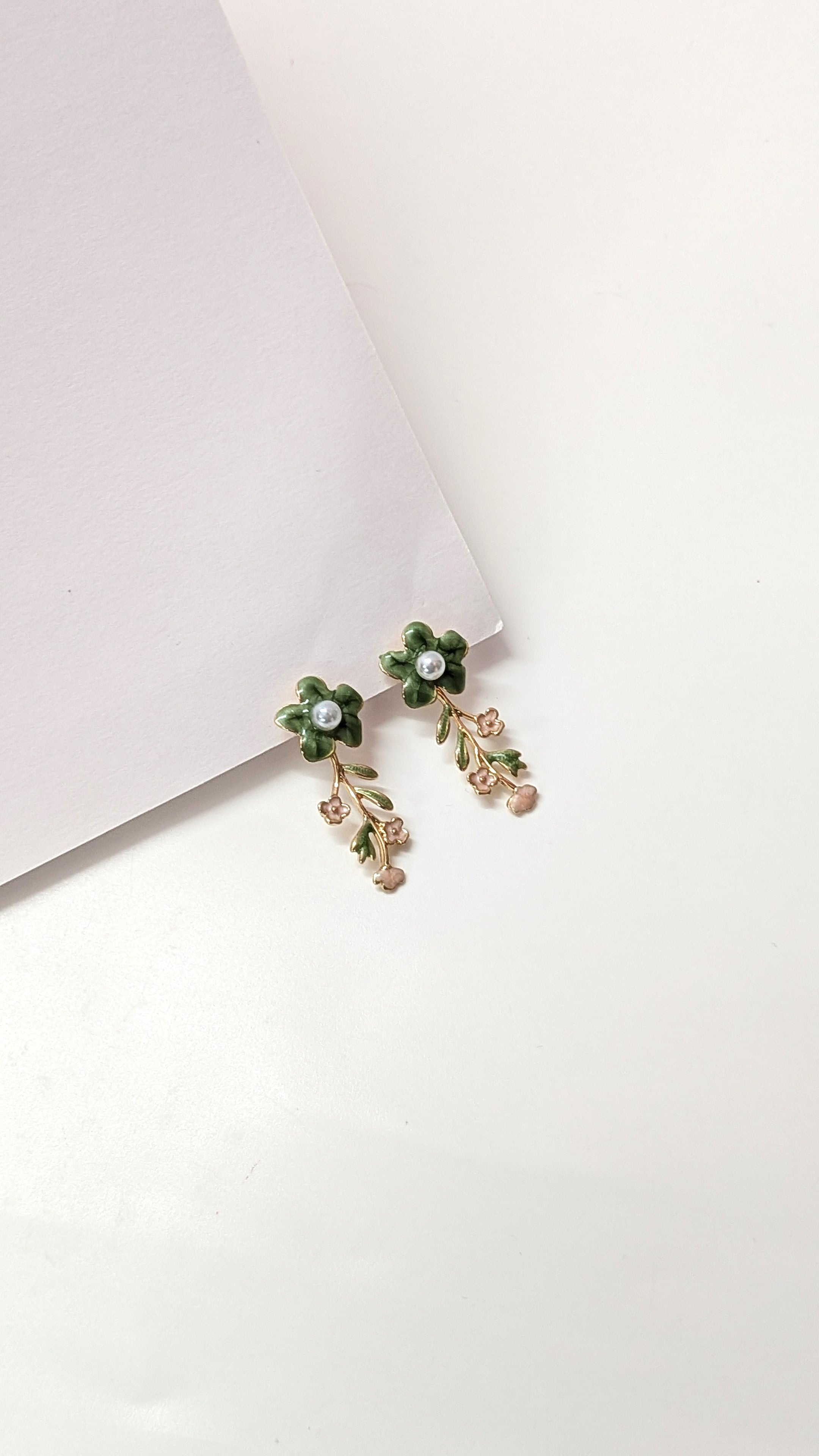 Green Floral Enamel Dangler Earrings