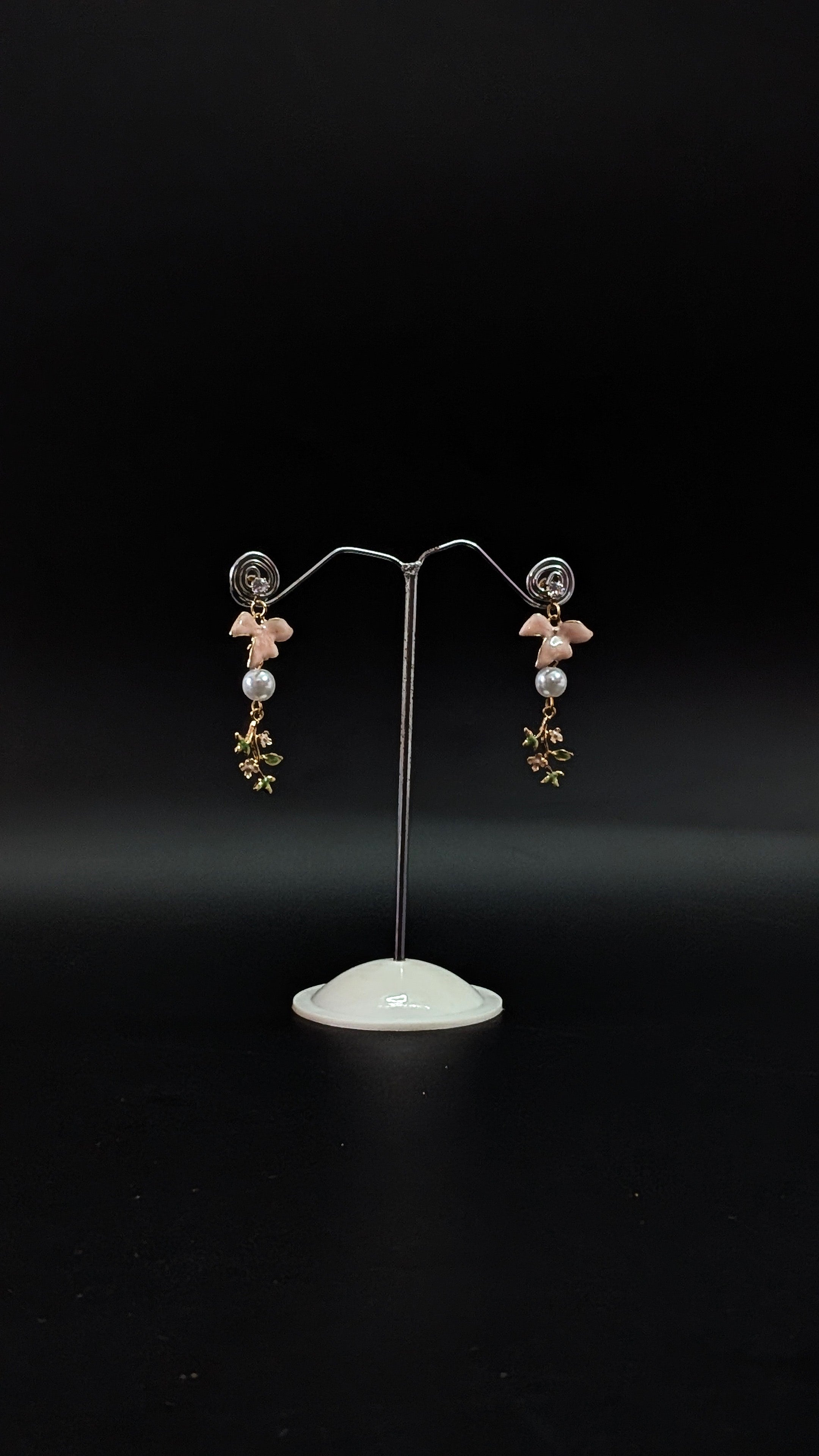 Pink Enamel Bird Drop Earrings with Pearl & Gold Leaf Accents