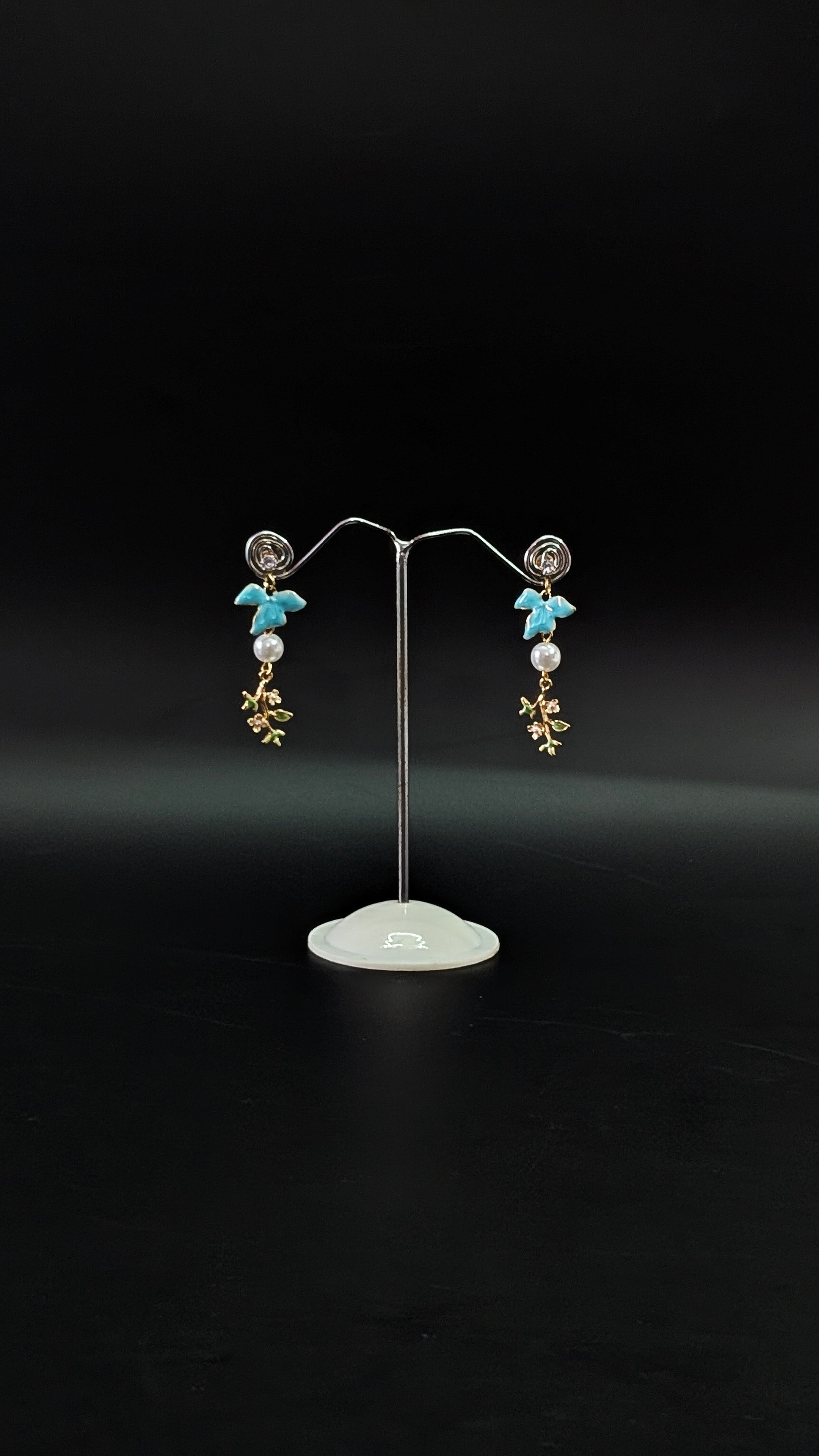 Blue Enamel Bird Drop Earrings with Pearl & Floral Charm