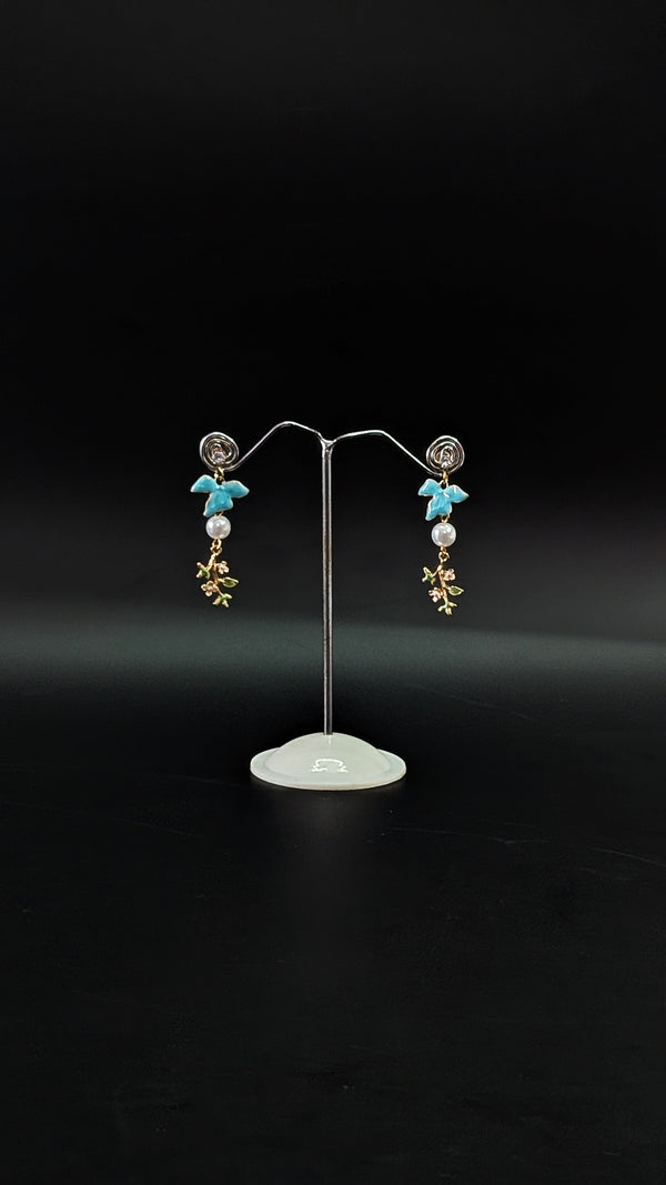Blue Enamel Bird Drop Earrings with Pearl & Floral Charm