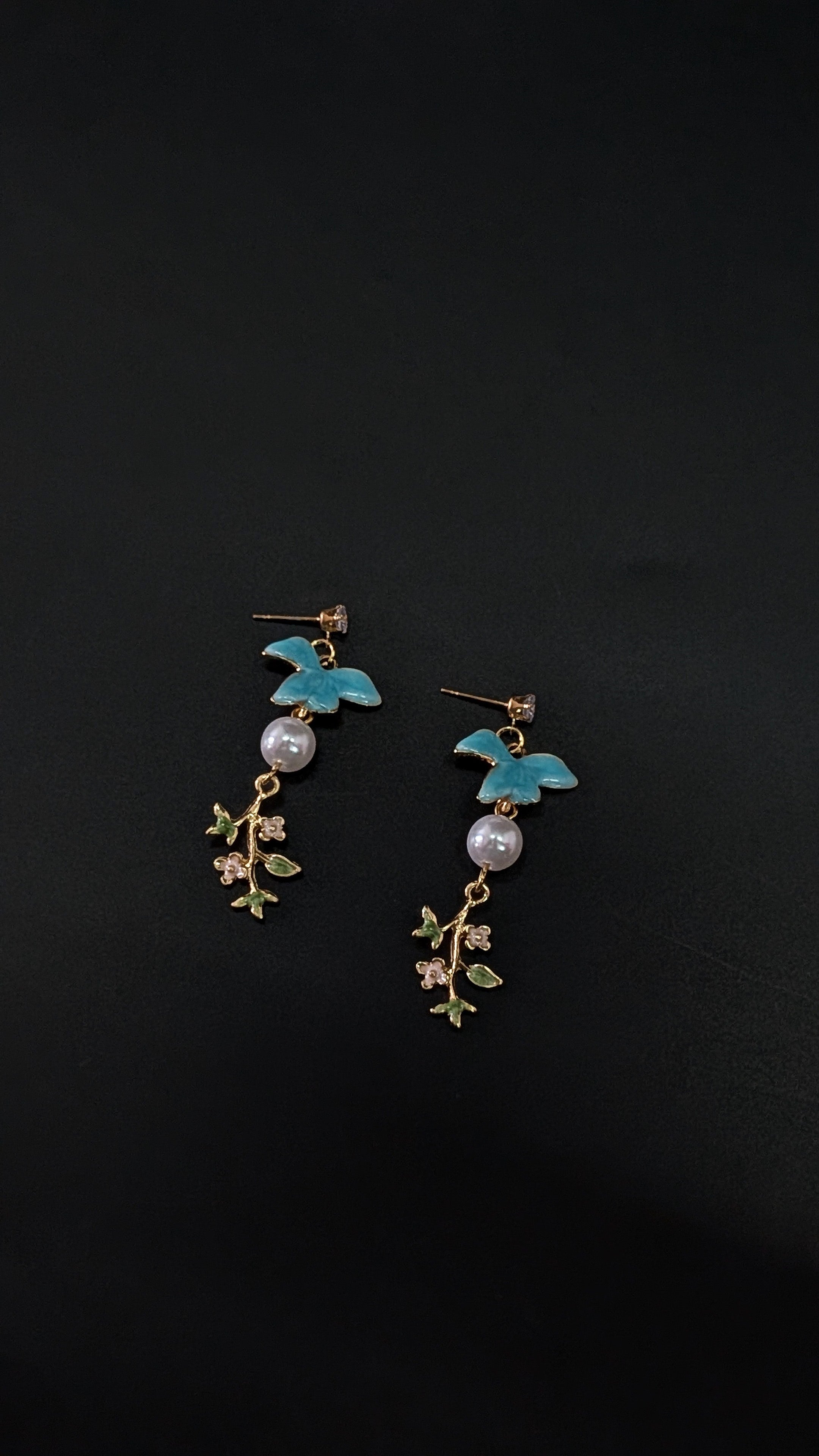 Blue Enamel Bird Drop Earrings with Pearl & Floral Charm