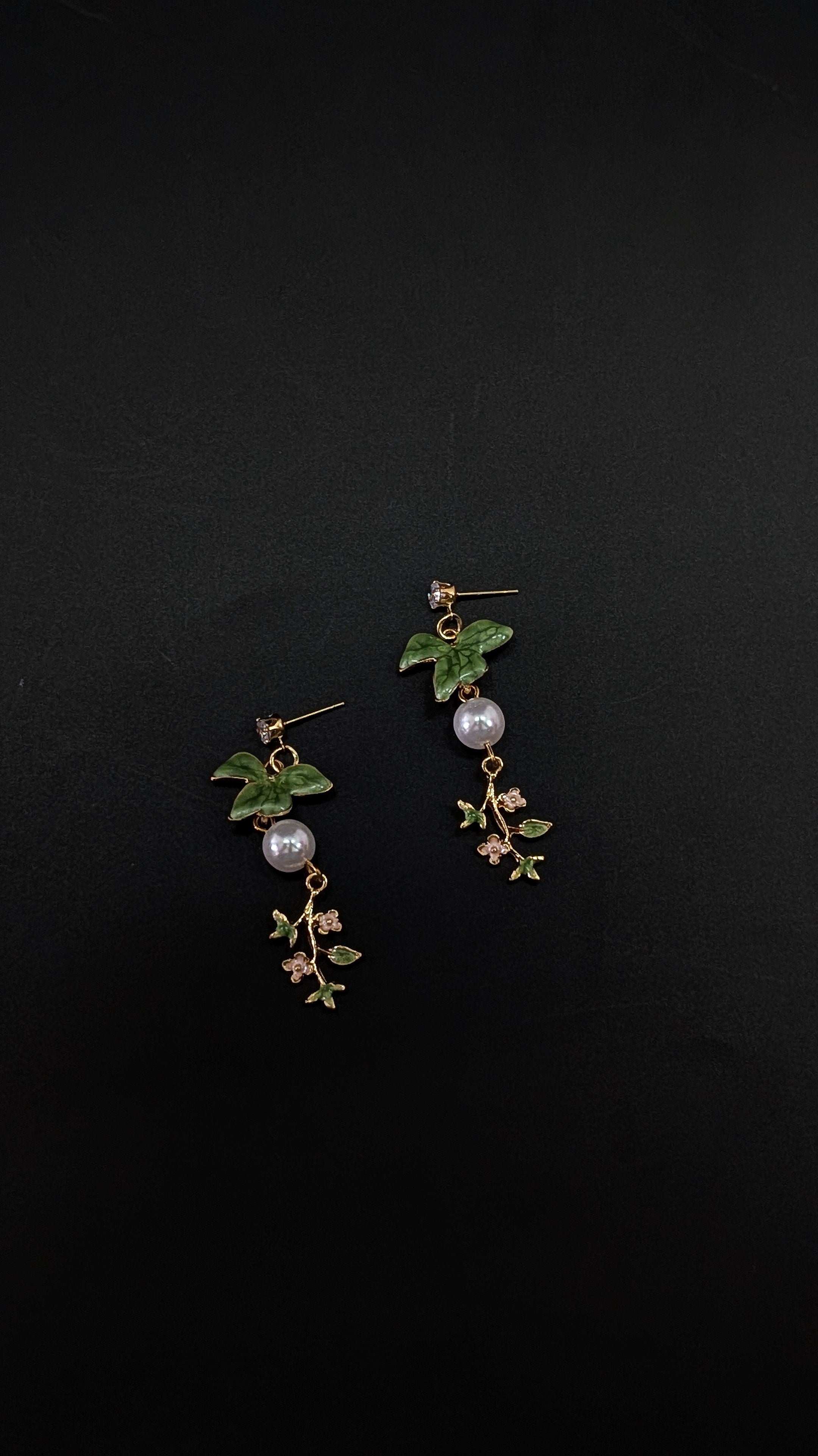 Green Enamel Bird Drop Earrings with Pearl & Floral Charm