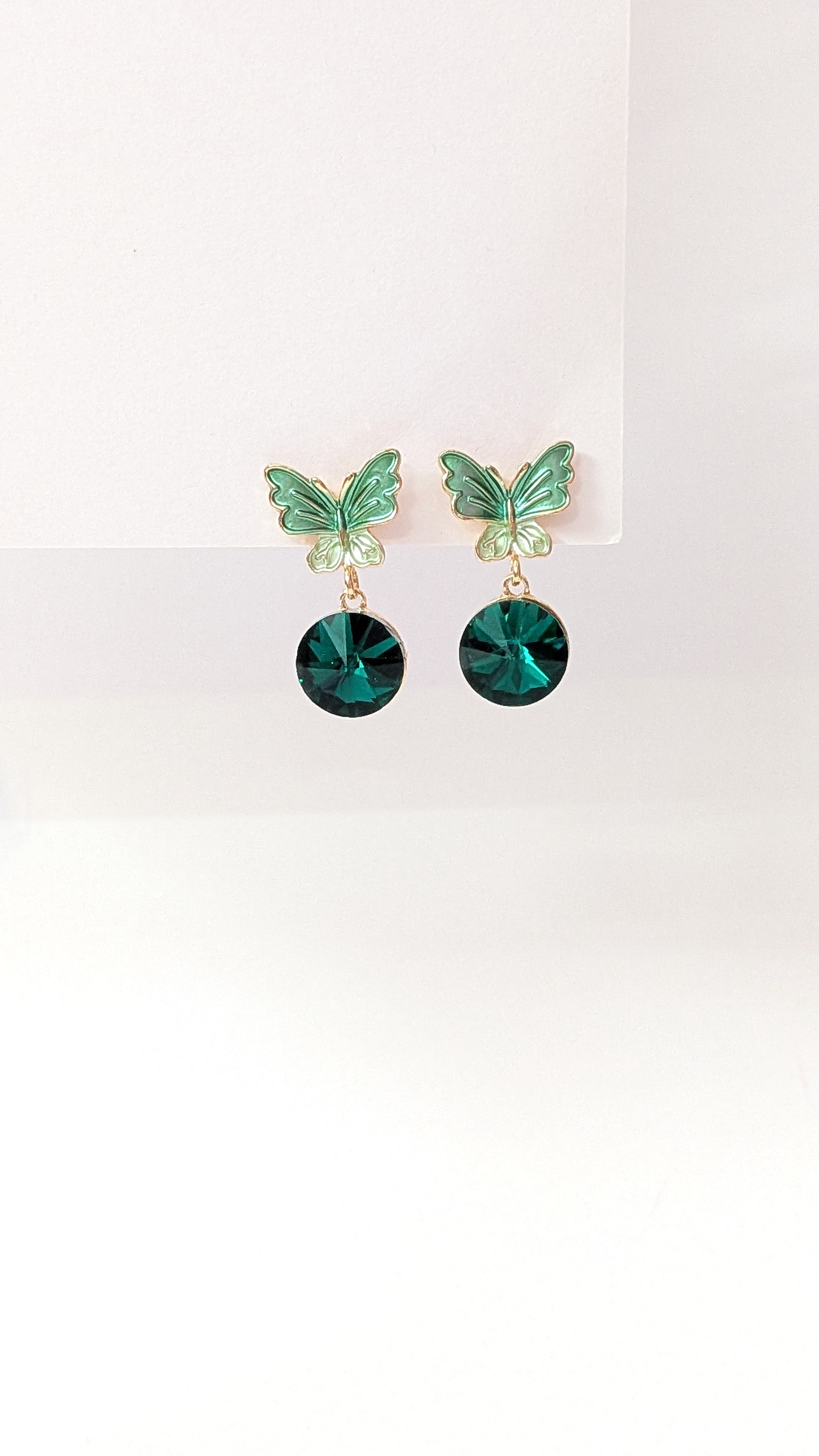 Green Butterfly Stud Earrings with Emerald Crystal Drops