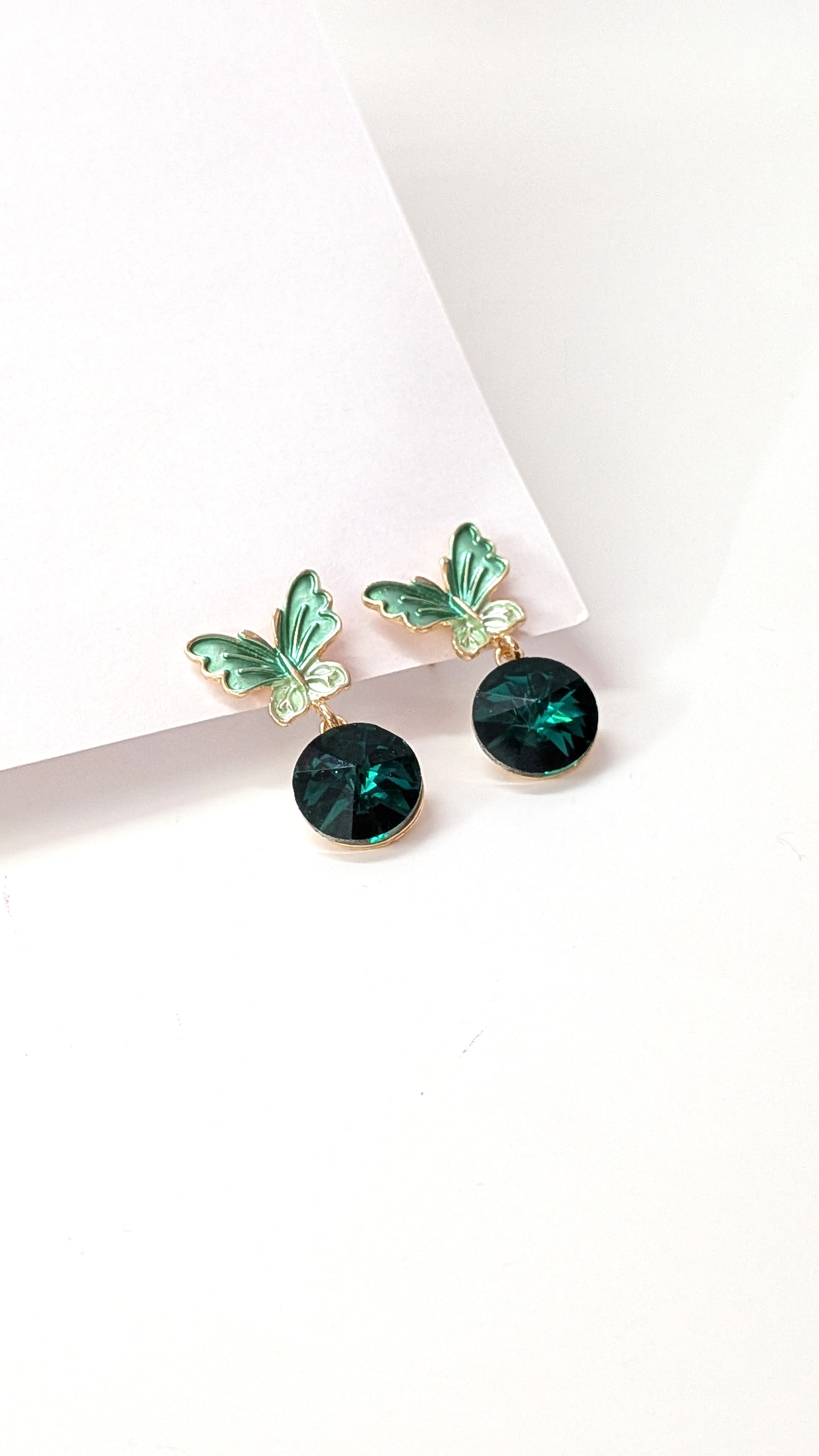 Green Butterfly Stud Earrings with Emerald Crystal Drops