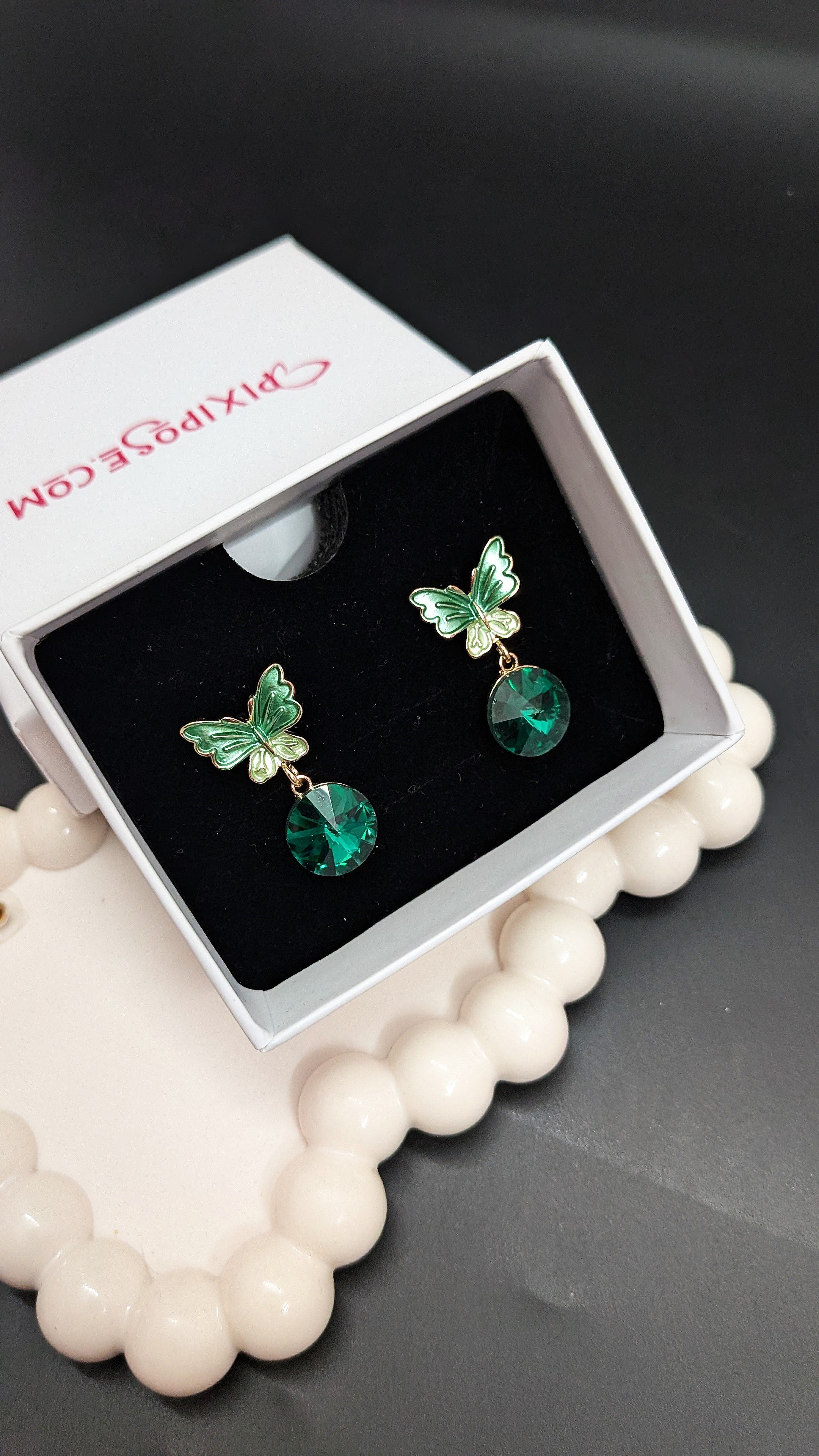 Green Butterfly Stud Earrings with Emerald Crystal Drops