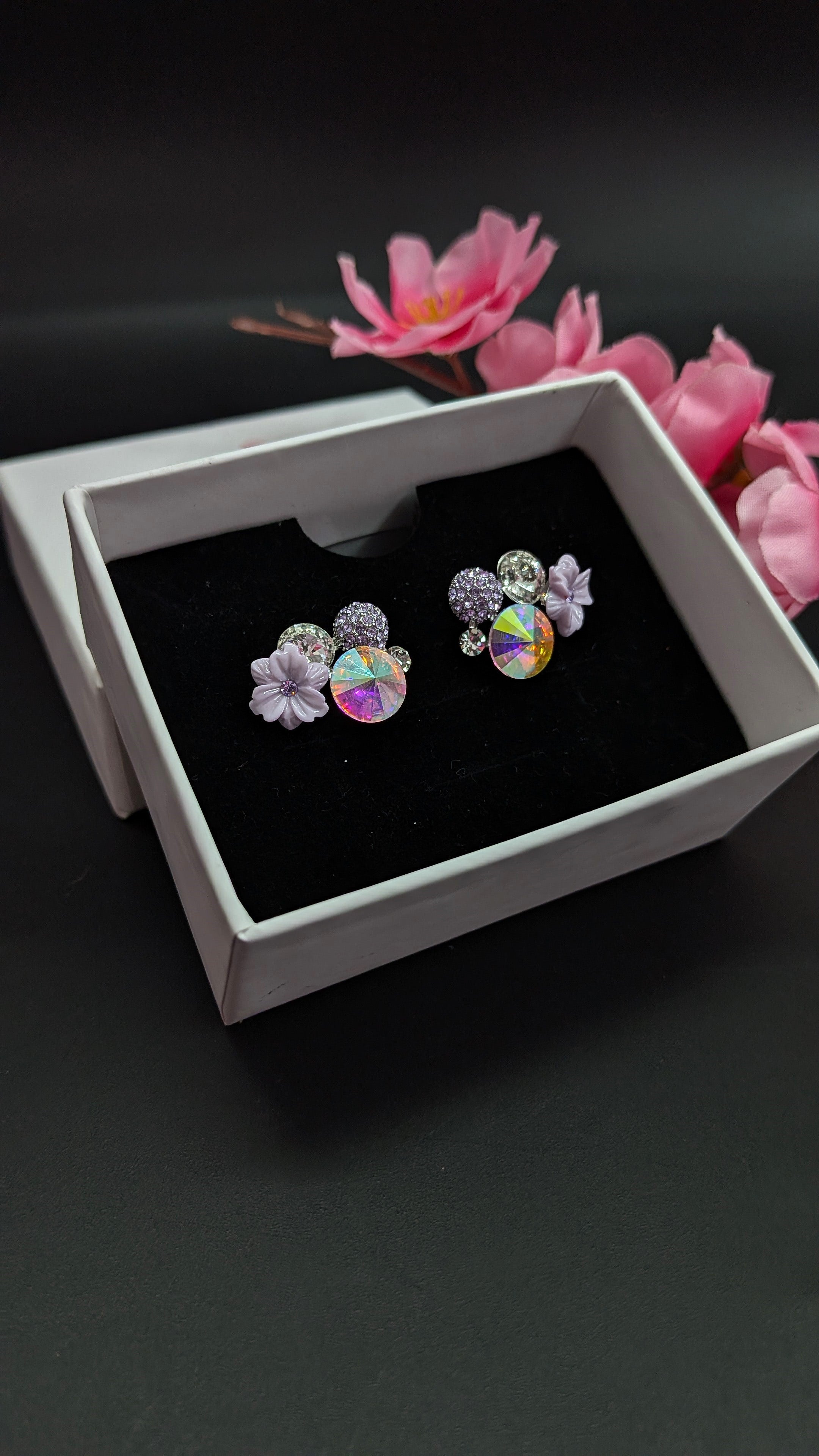 Holographic Crystal & Lavender Flower Stud Earrings – Statement Party Wear