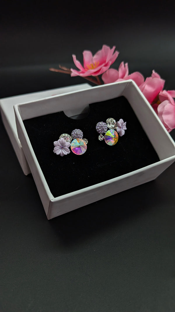 Holographic Crystal & Lavender Flower Stud Earrings – Statement Party Wear