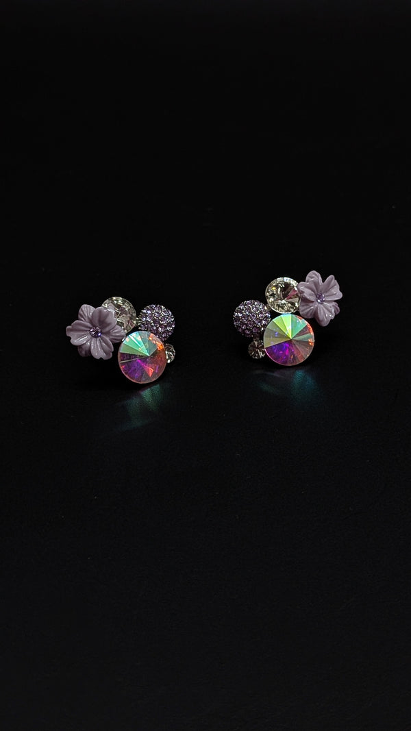 Holographic Crystal & Lavender Flower Stud Earrings – Statement Party Wear