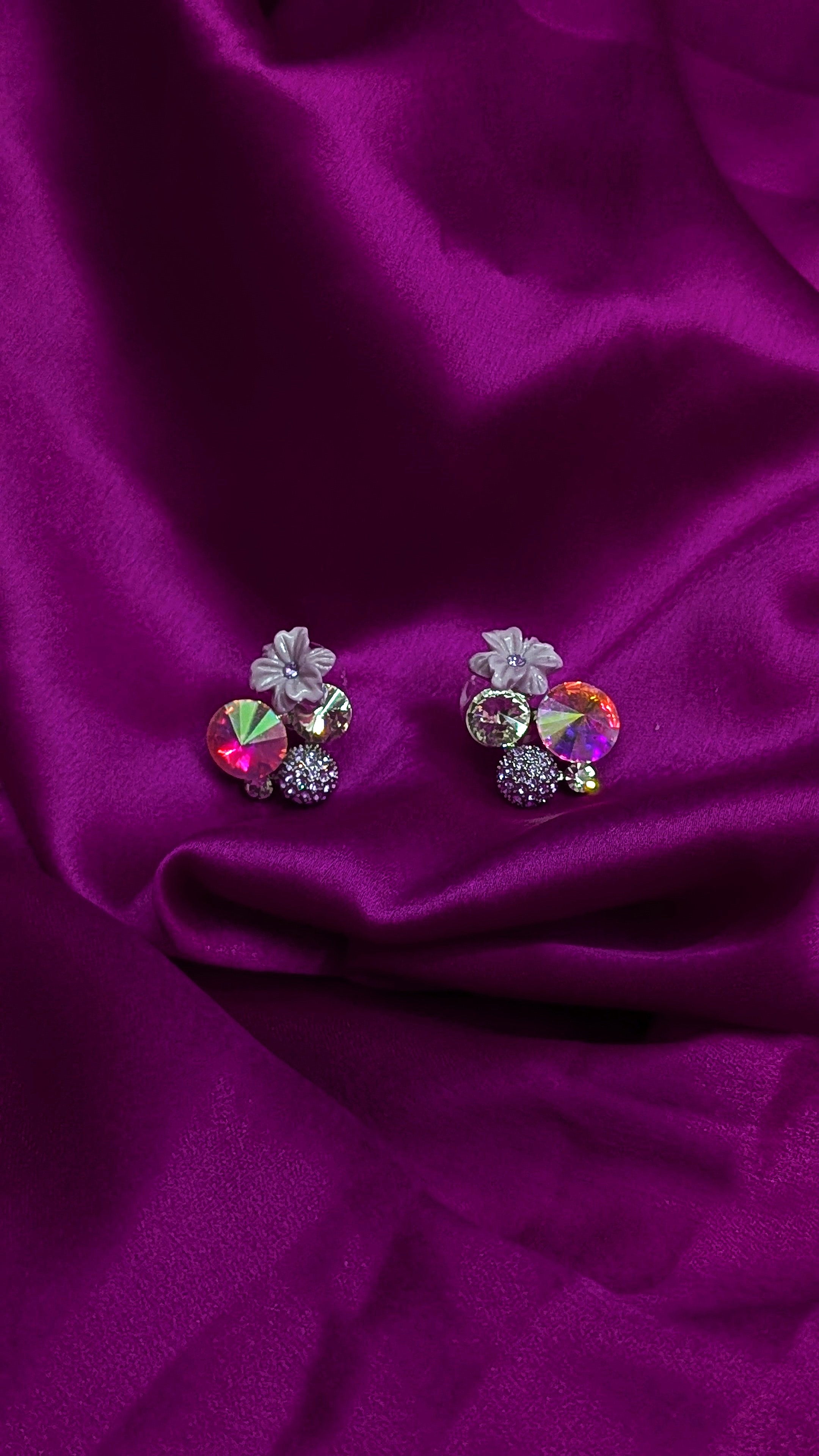 Holographic Crystal & Lavender Flower Stud Earrings – Statement Party Wear