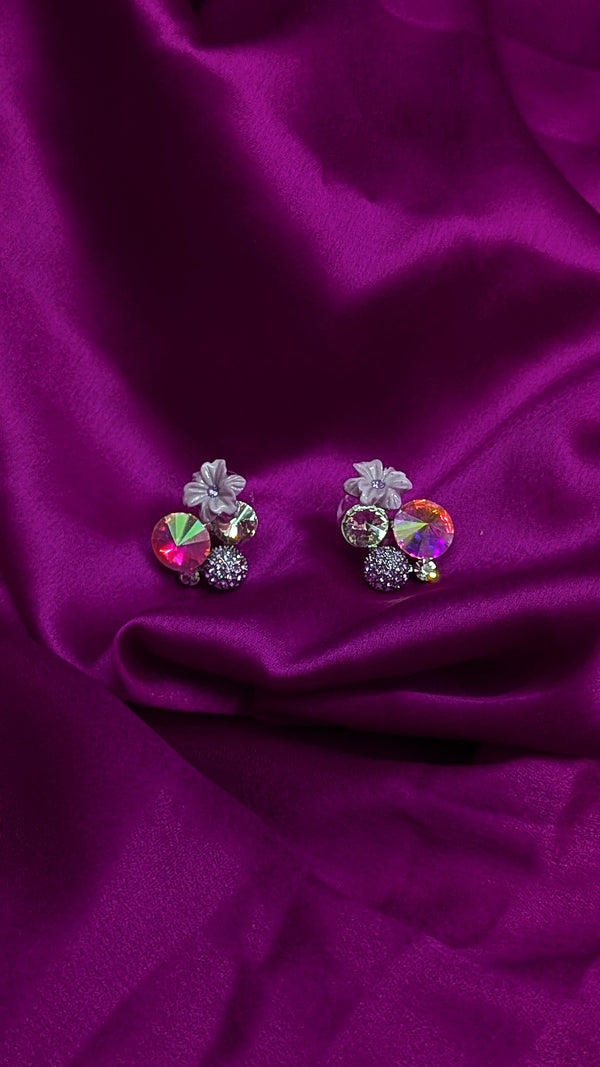 Holographic Crystal & Lavender Flower Stud Earrings – Statement Party Wear