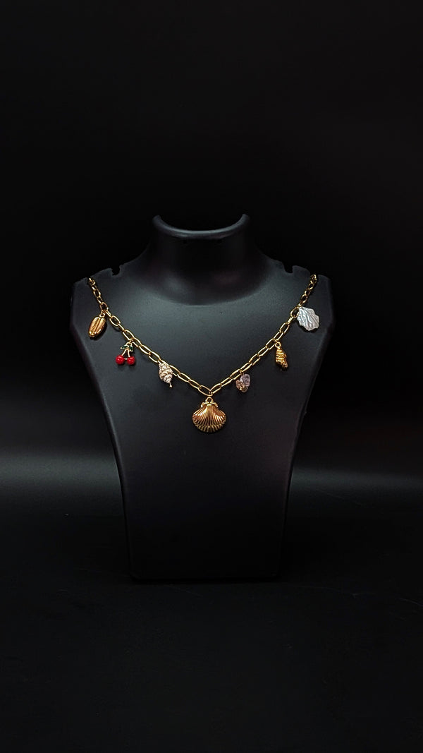Gold Chain Charm Necklace with Seashells, Leaf & Cherry Accents