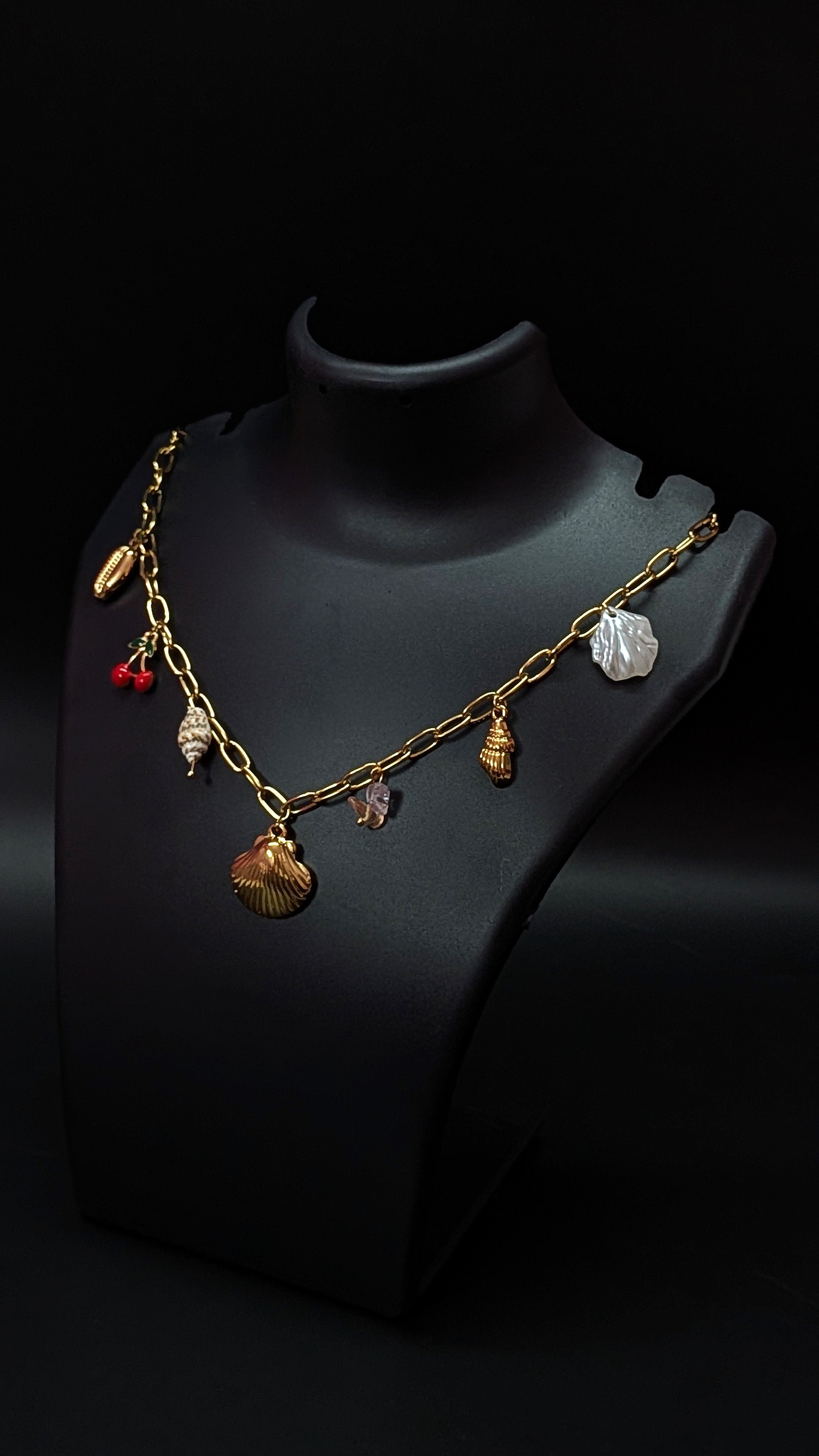 Gold Chain Charm Necklace with Seashells, Leaf & Cherry Accents