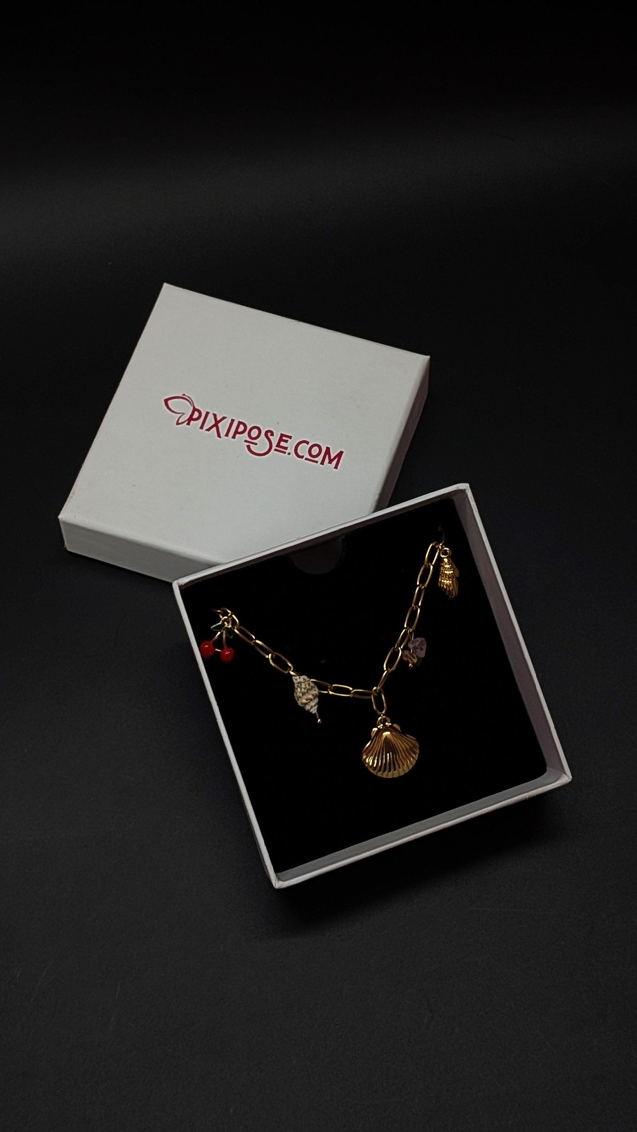 Gold Chain Charm Necklace with Seashells, Leaf & Cherry Accents