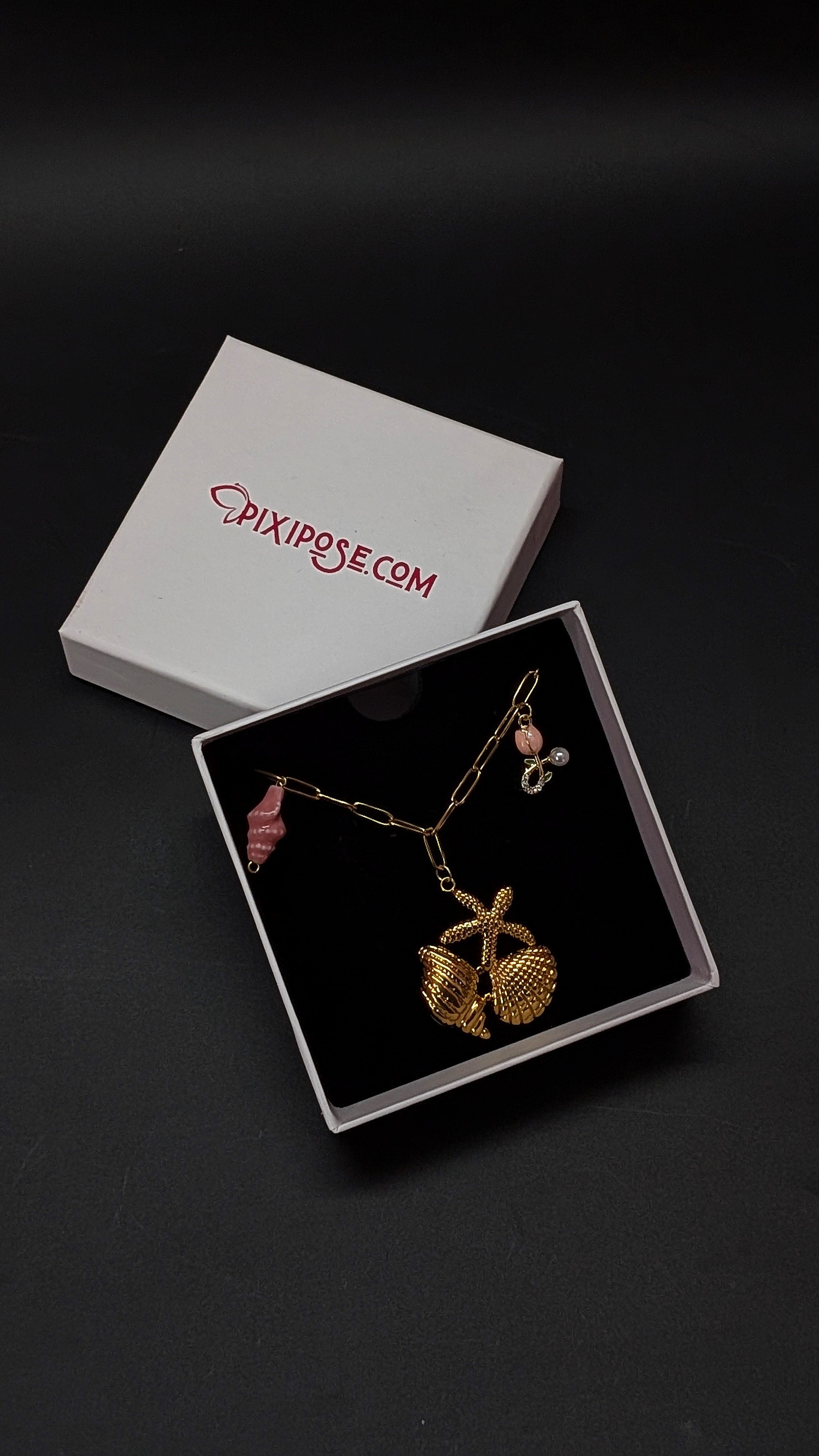 Golden Seashell Charm Necklace with Watermelon & Starfish Accents