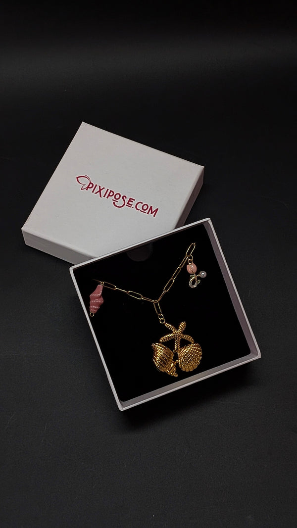 Golden Seashell Charm Necklace with Watermelon & Starfish Accents