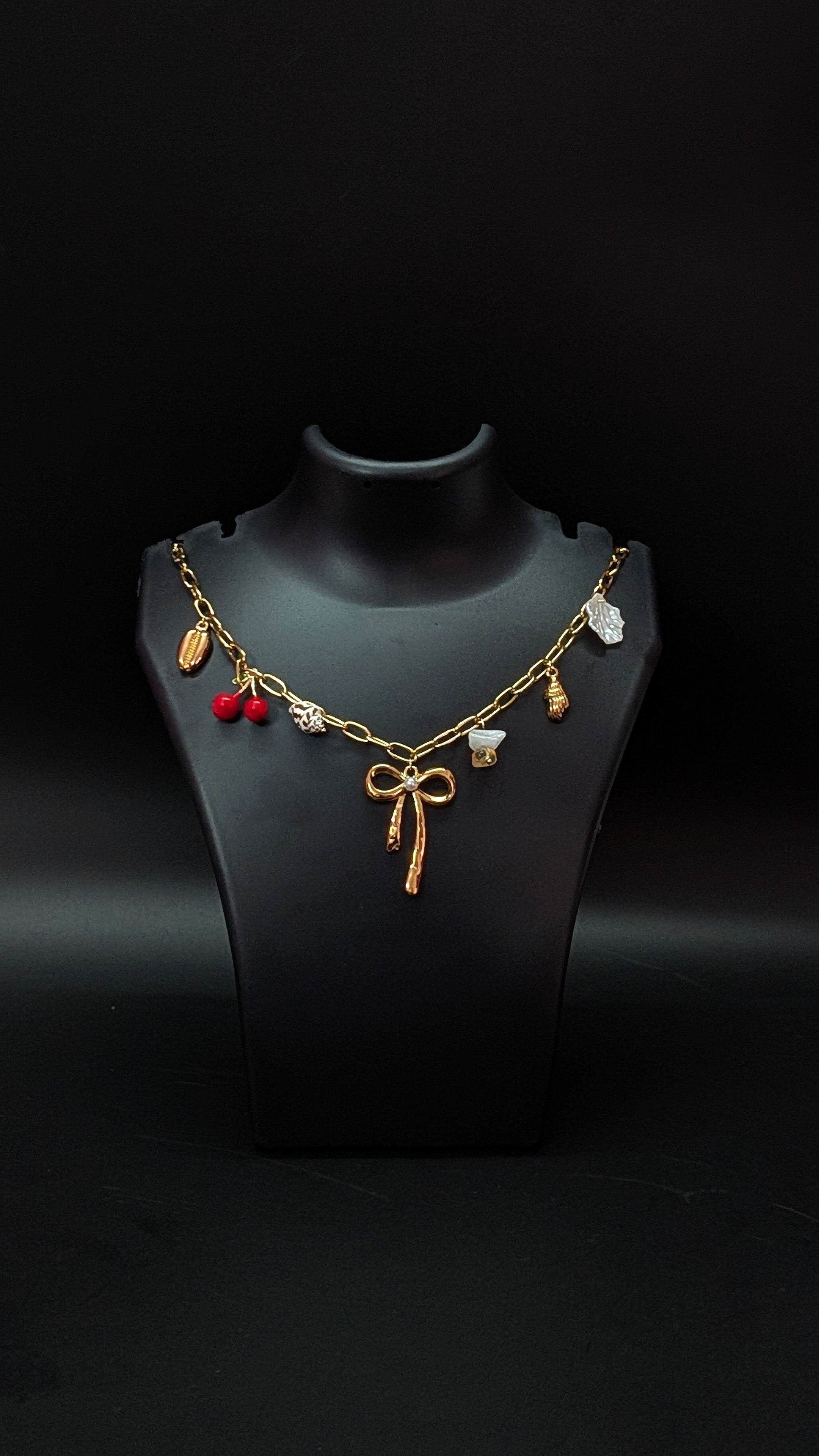 Golden Bow Pendant Charm Necklace with Cherry & Seashell Accents