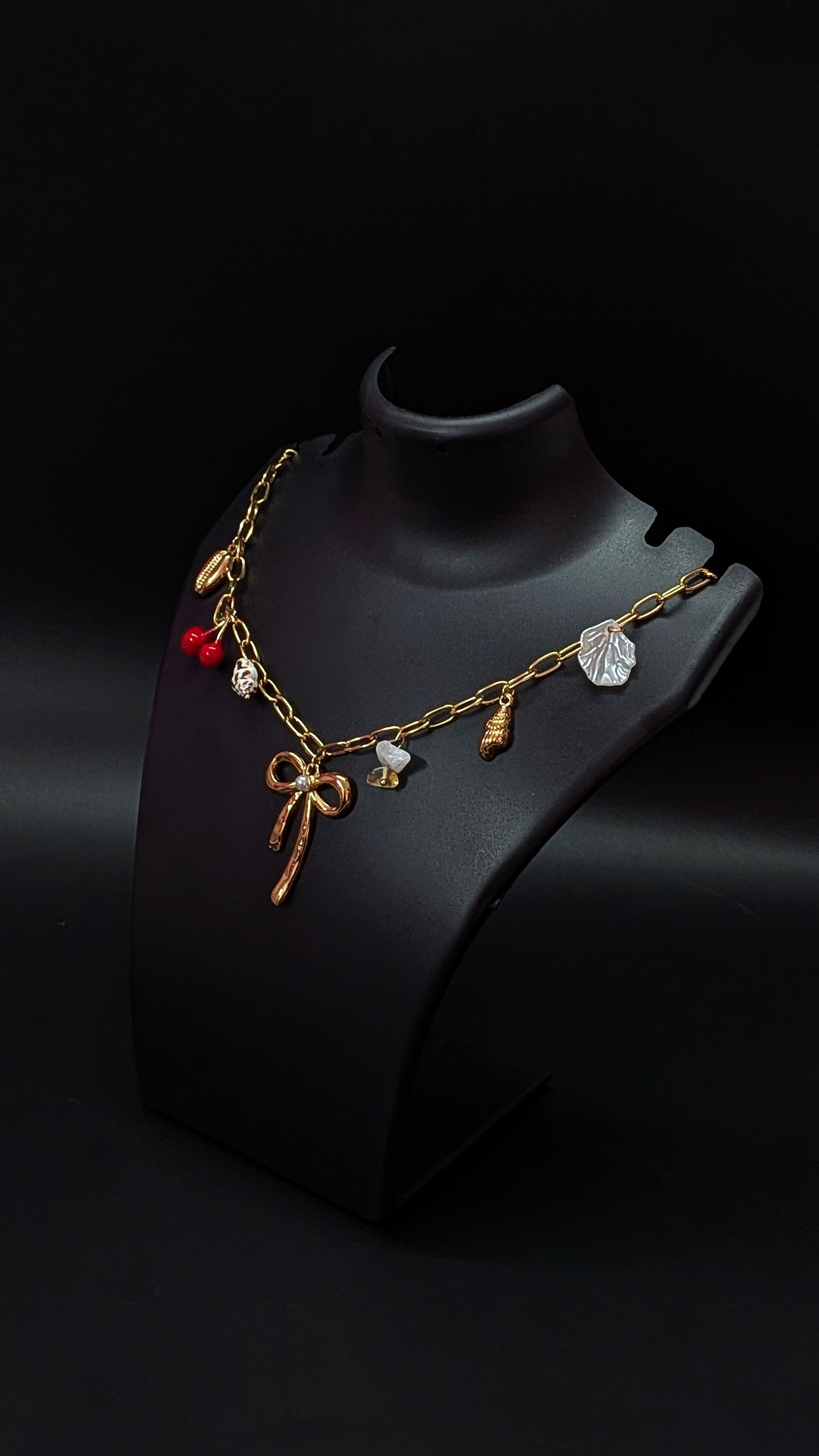 Golden Bow Pendant Charm Necklace with Cherry & Seashell Accents