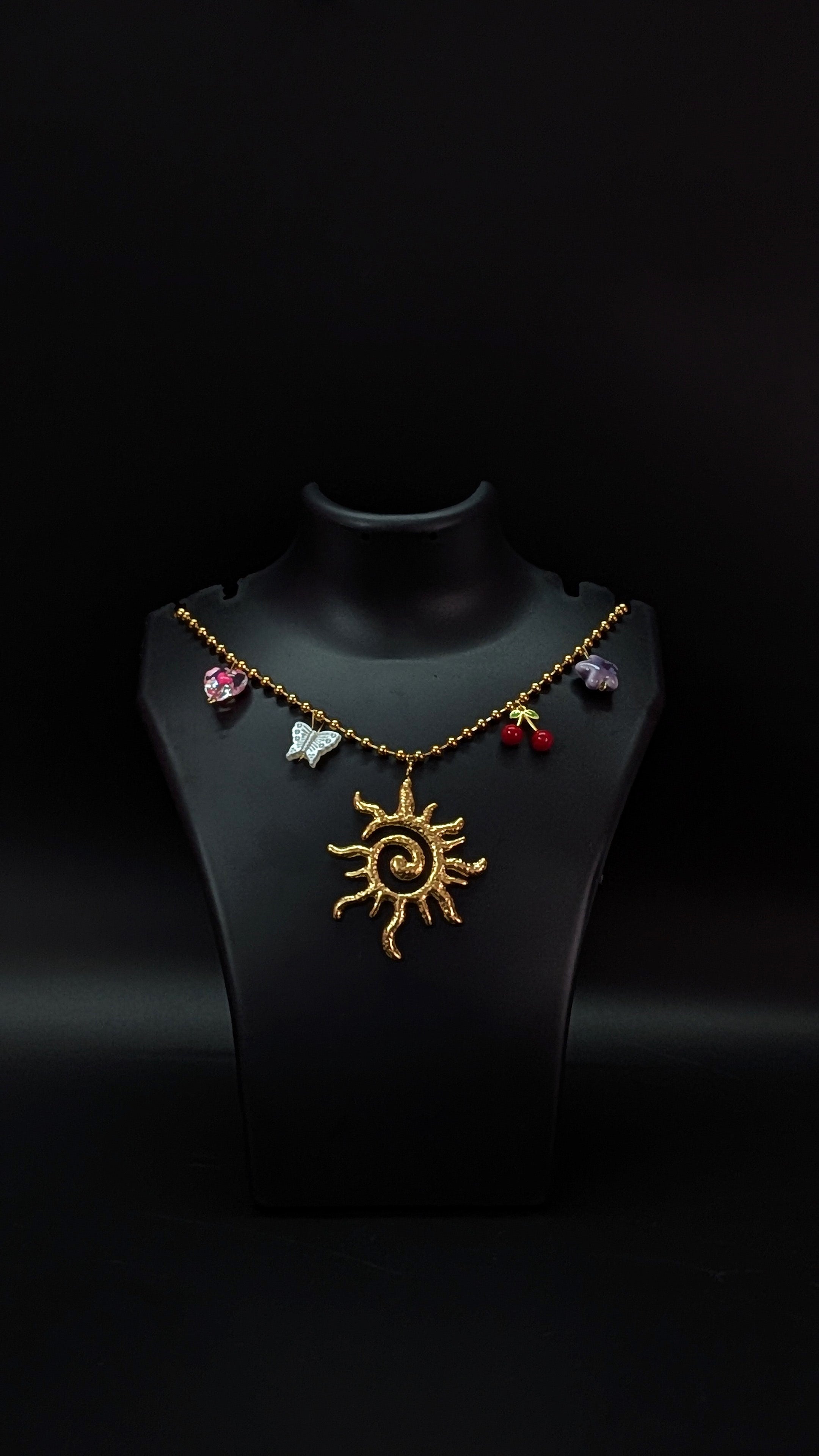 Golden Sun Pendant Charm Necklace with Cherry & Butterfly Accents