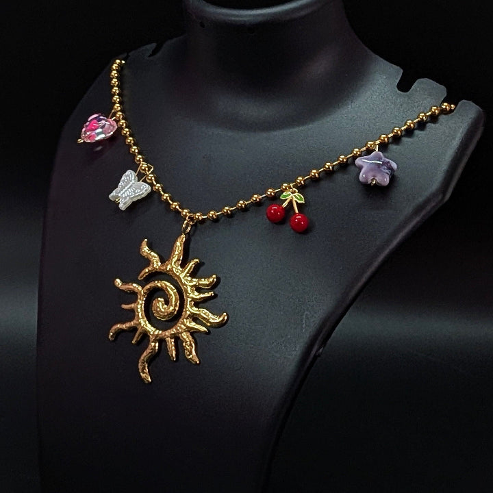 Golden Sun Pendant Charm Necklace with Cherry & Butterfly Accents