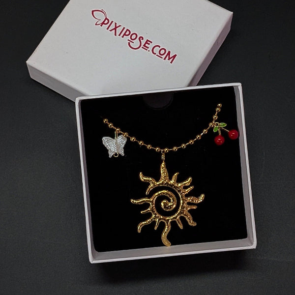 Golden Sun Pendant Charm Necklace with Cherry & Butterfly Accents