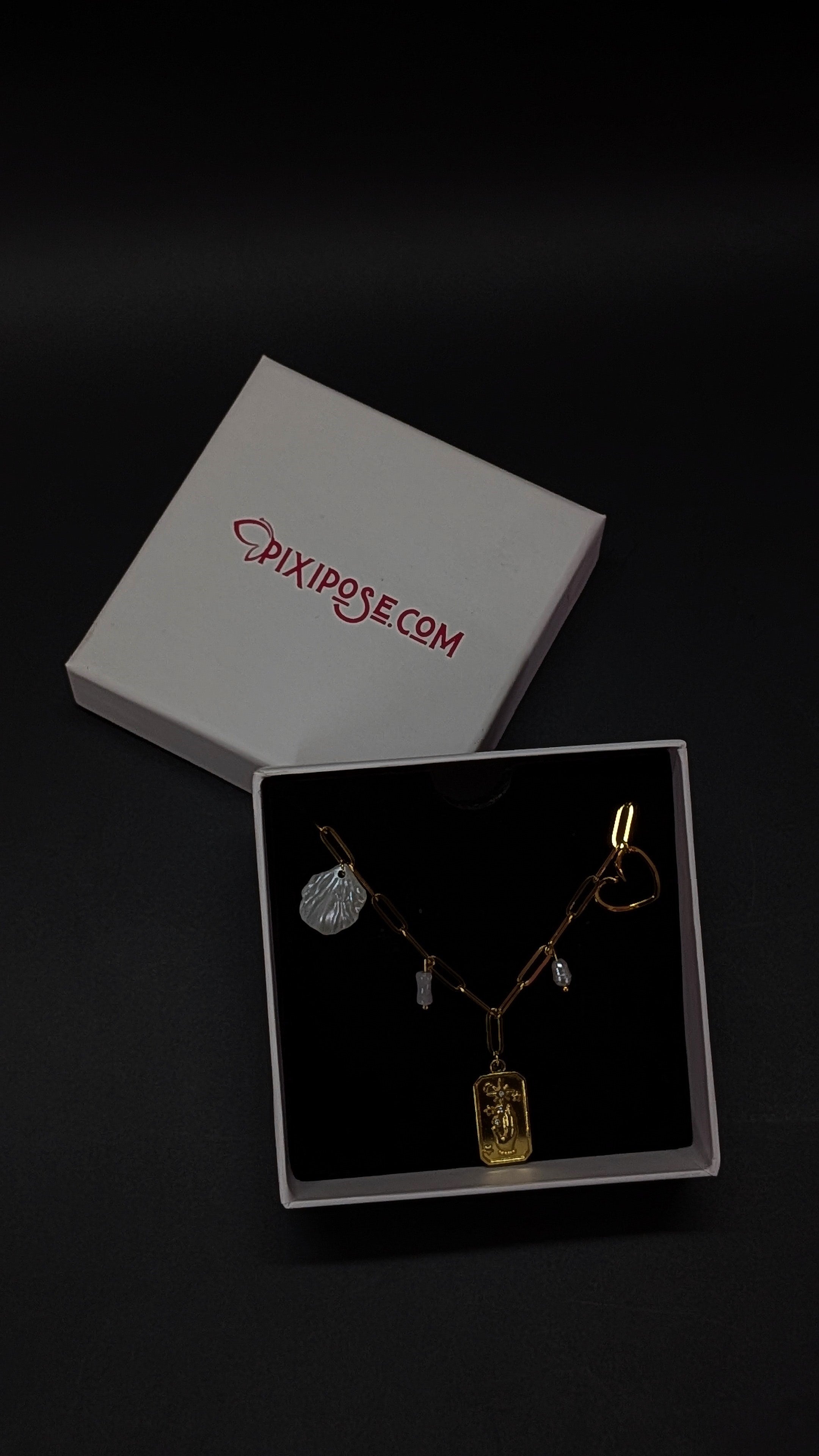 Gold Multi Charm Necklace Bow Flower Coin Shell Pendant