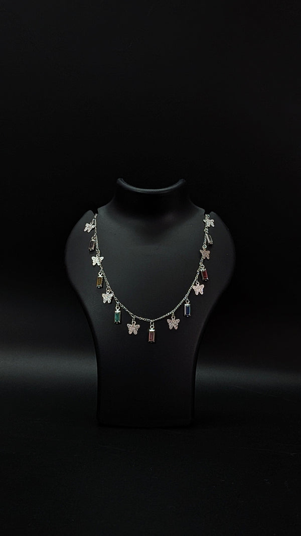 Silver Butterfly Multicolor Pendant Necklace