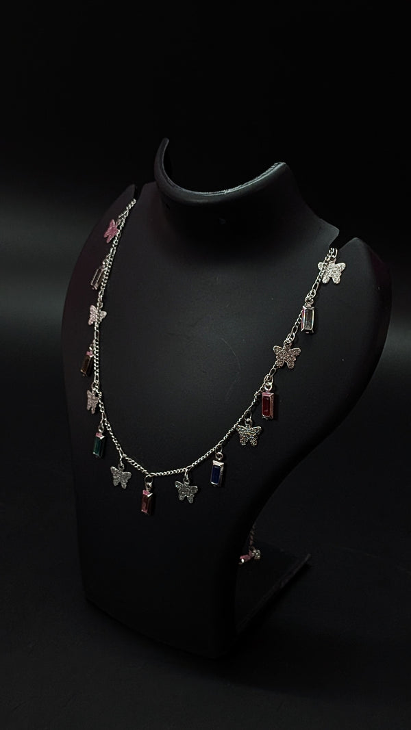 Silver Butterfly Multicolor Pendant Necklace