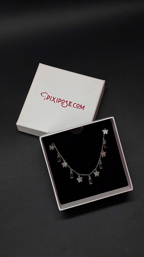 Silver Butterfly Multicolor Pendant Necklace