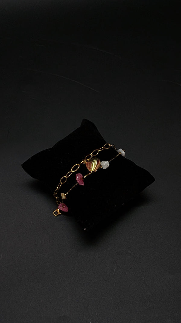 Gold Shell Boho Beach Pink Stone Bracelet
