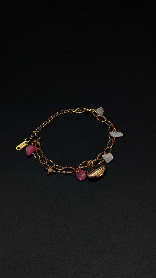 Gold Shell Boho Beach Pink Stone Bracelet