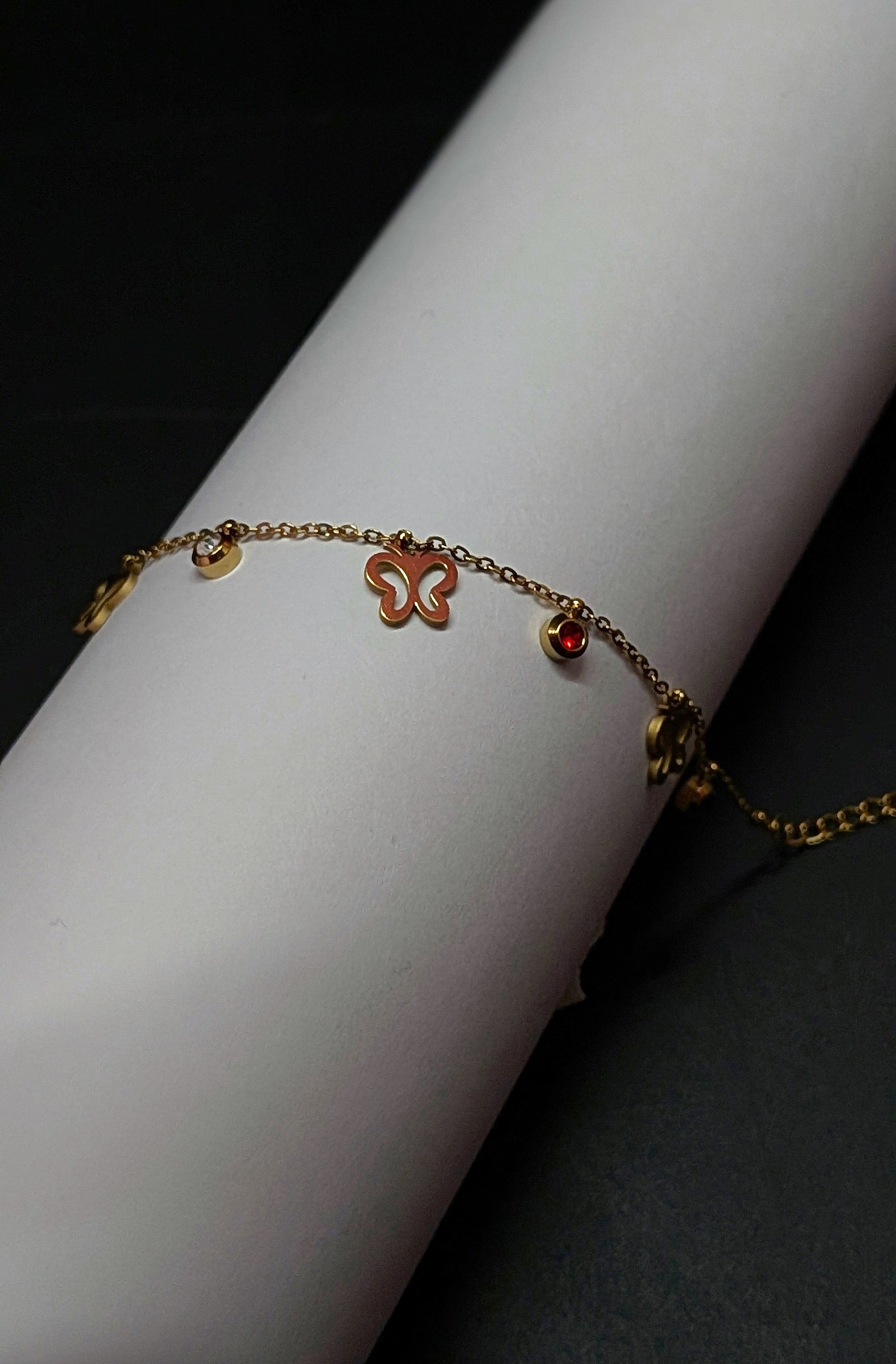 Gold Butterfly Enamel Adjustable Chain Charm Bracelet