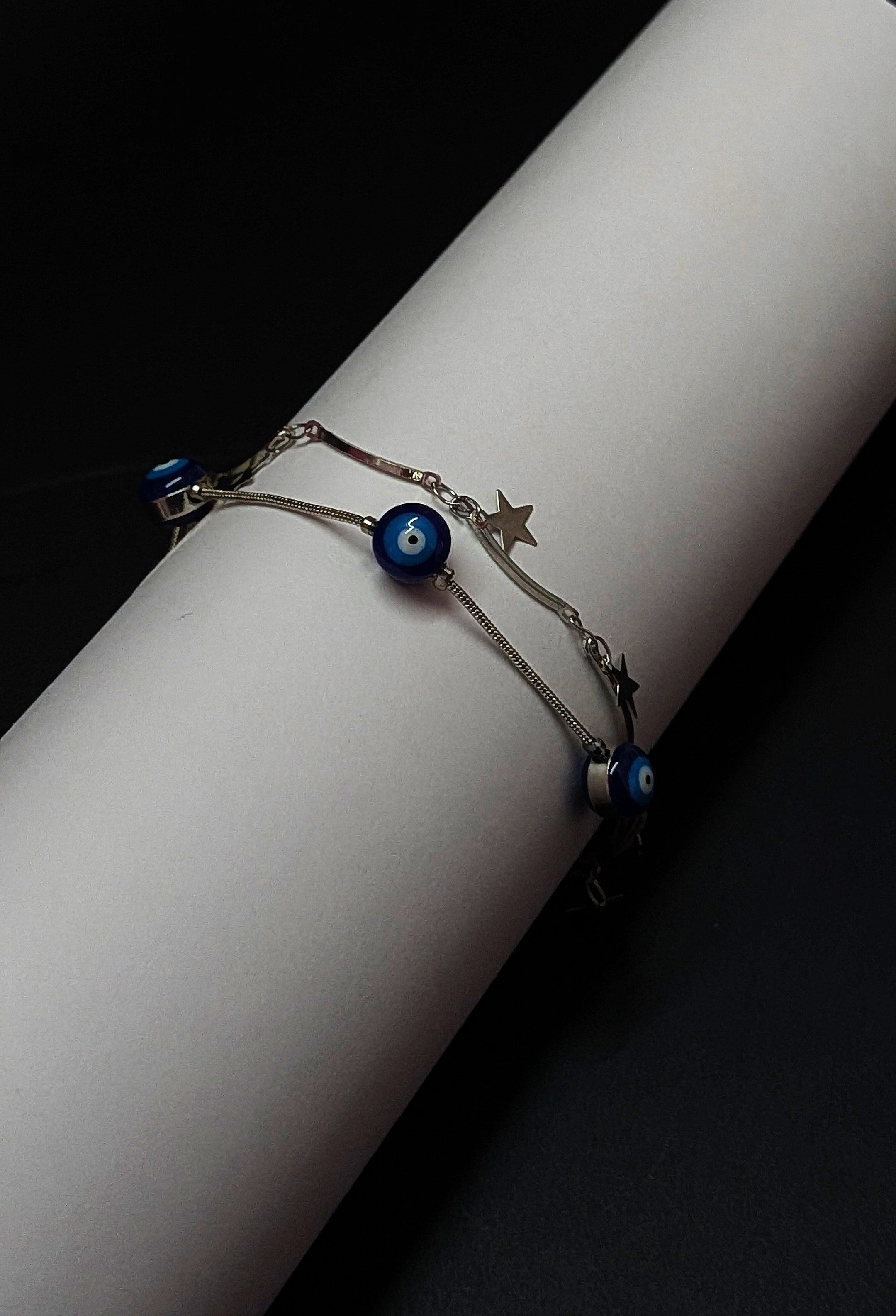 Evil Eye Charm Bracelet with Stars – Silver Protection Jewelry