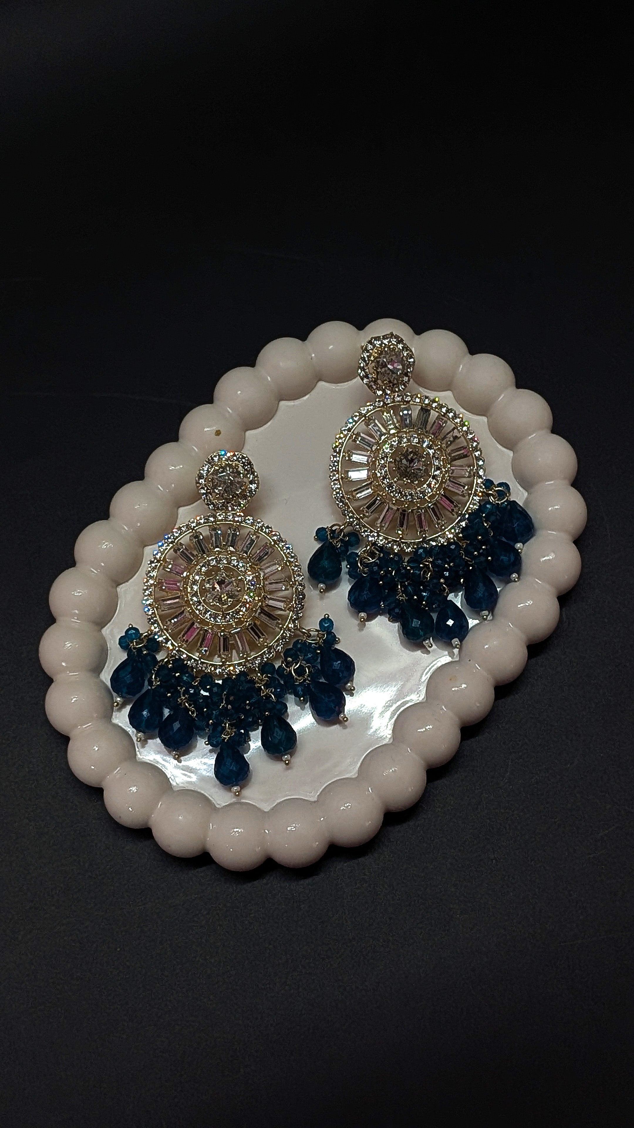 Blue Sunburst Crystal Earrings – Glamorous Beaded Statement