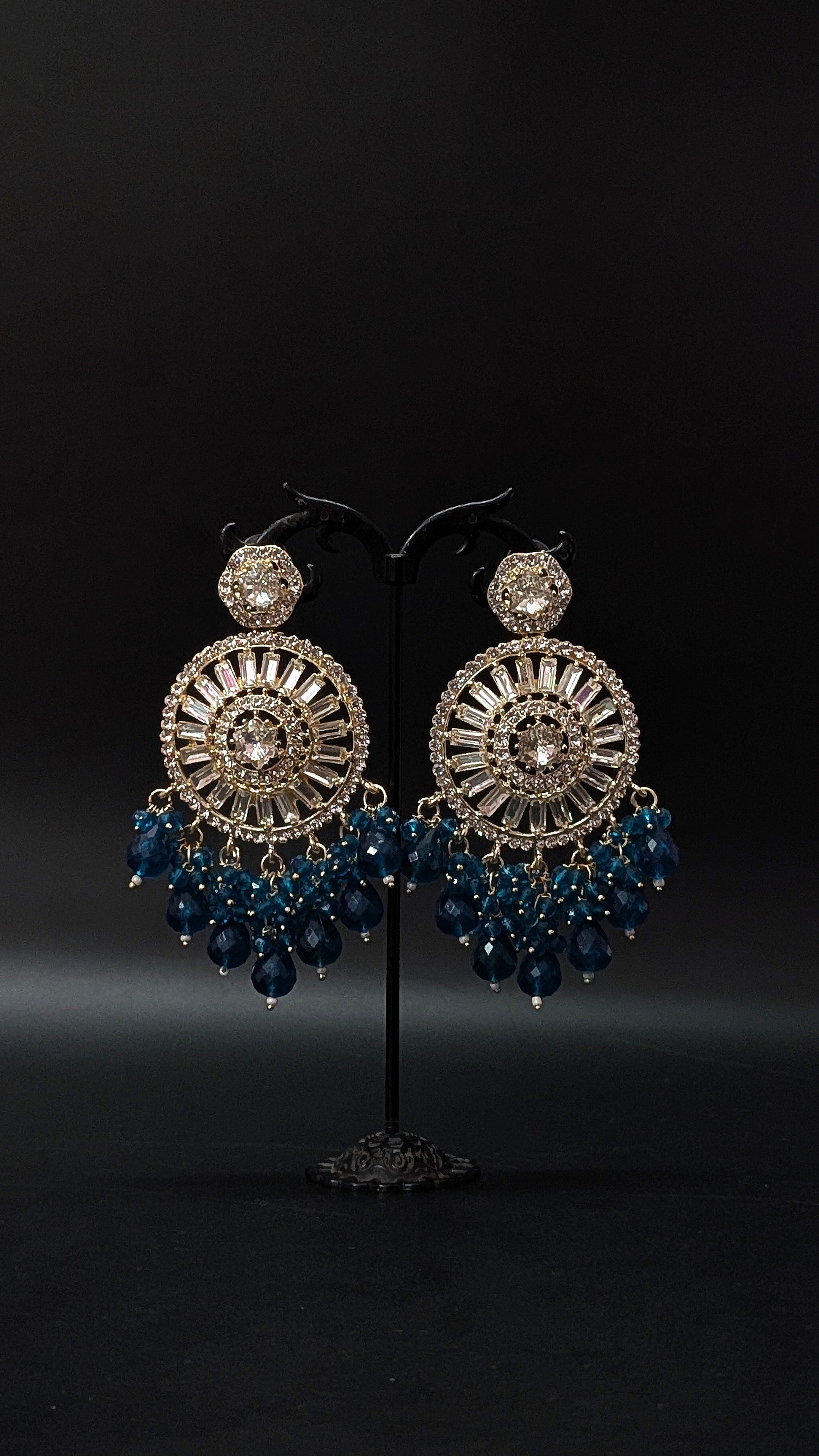 Blue Sunburst Crystal Earrings – Glamorous Beaded Statement