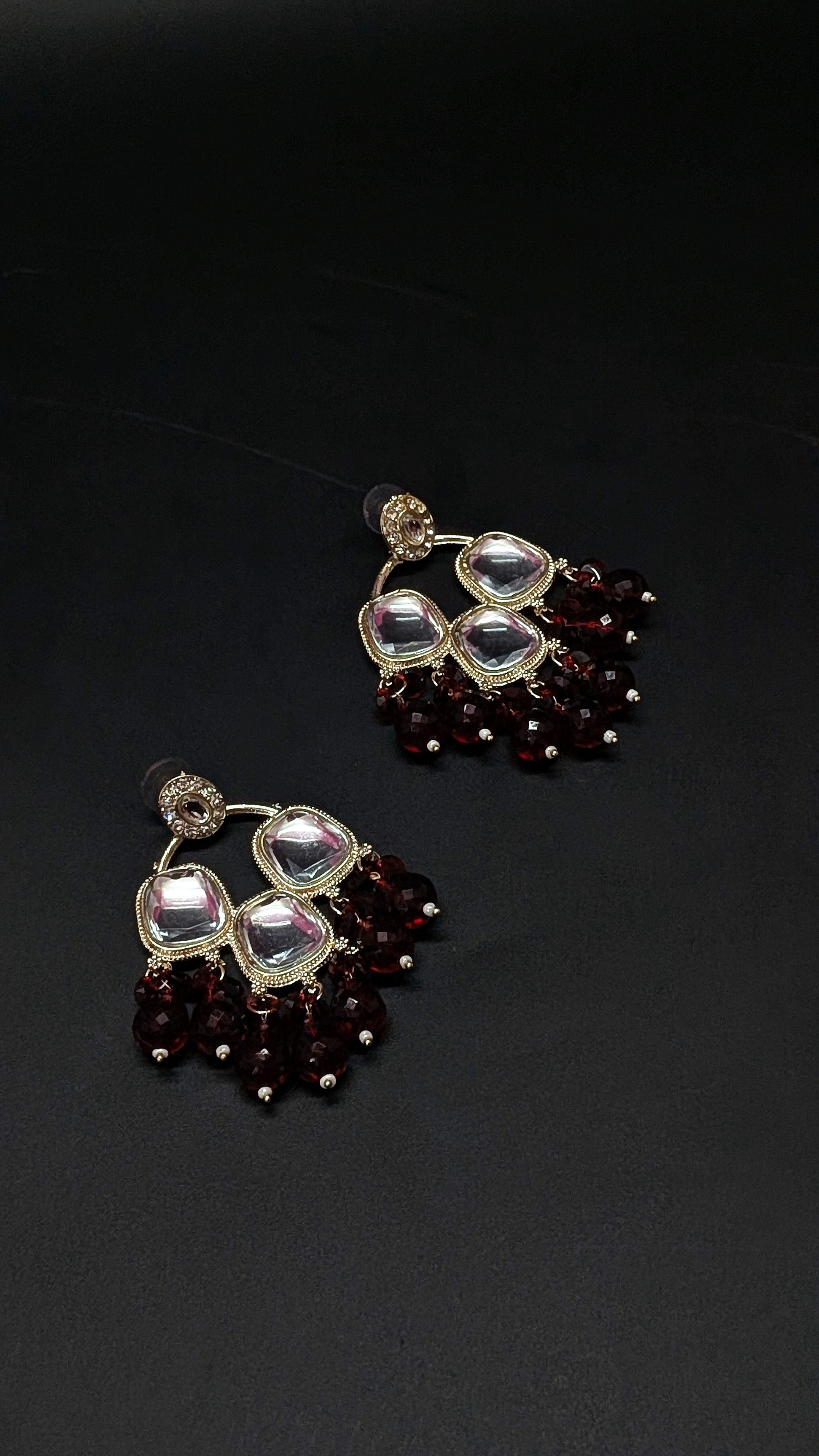 Ethnic Kundan Mirror Red Wine Beads Earrings