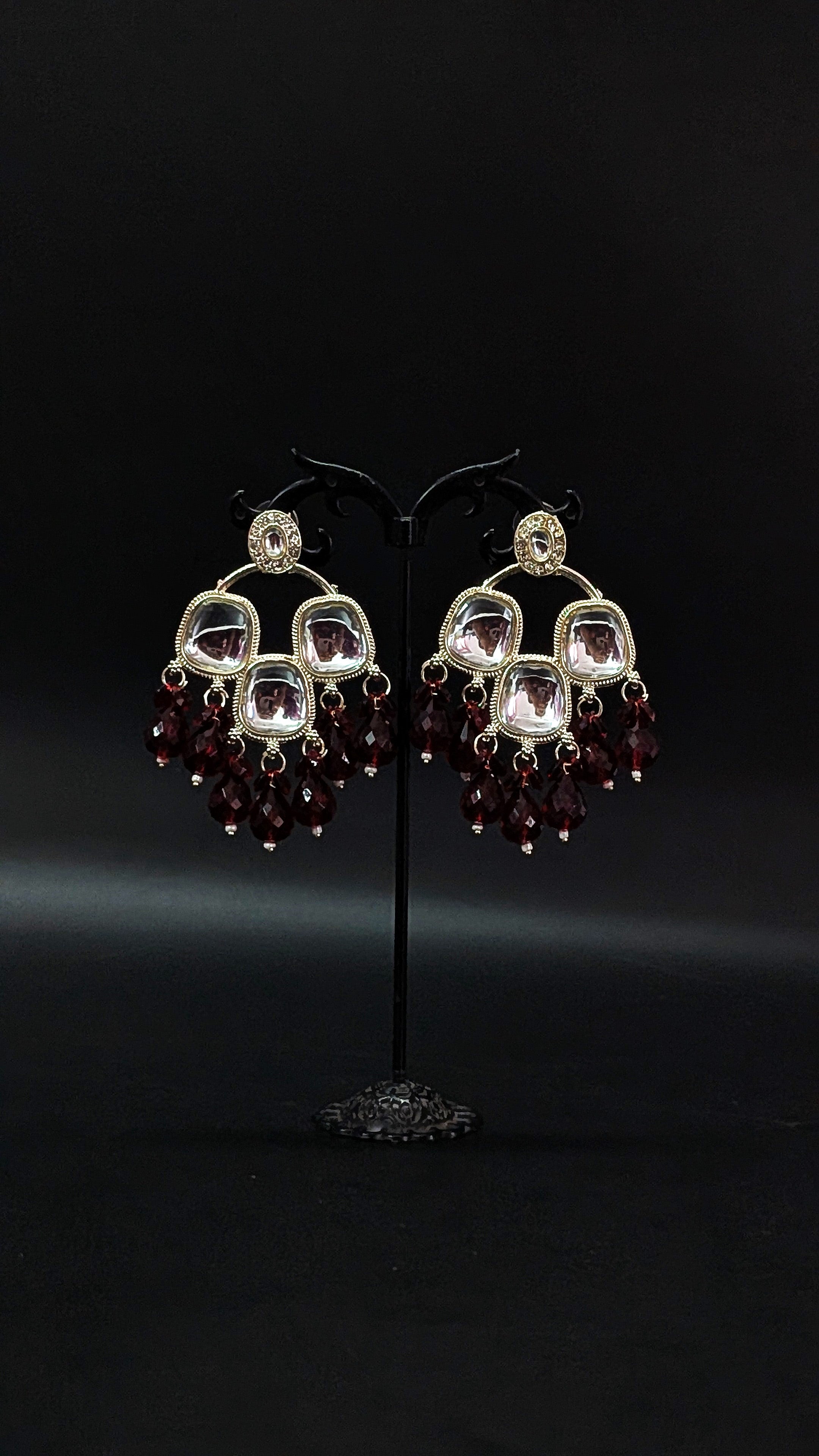 Ethnic Kundan Mirror Red Wine Beads Earrings