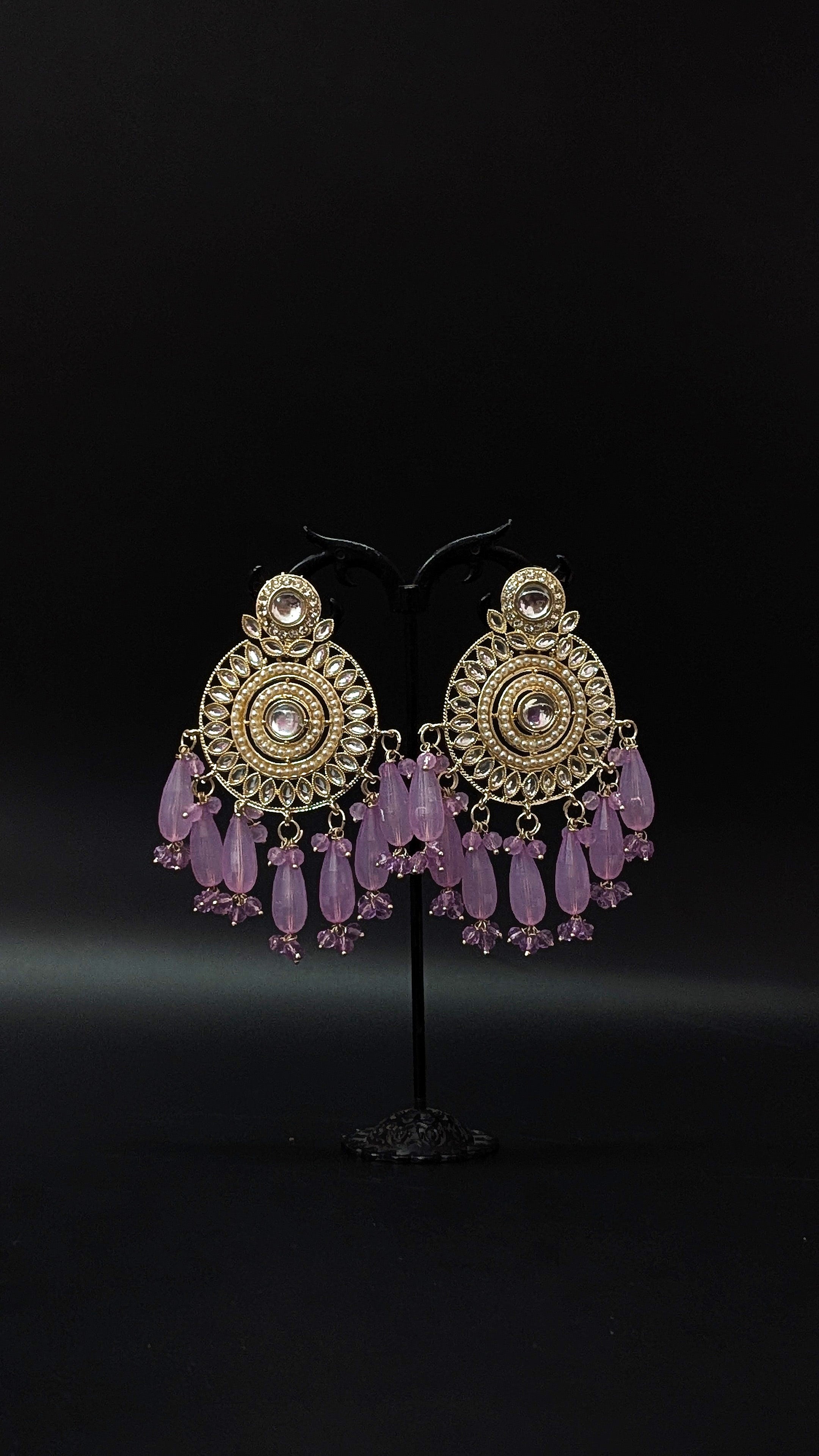 Kundan Round Long Pink Beads Jhumka Earrings