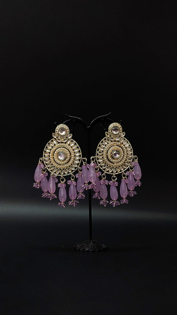 Kundan Round Long Pink Beads Jhumka Earrings