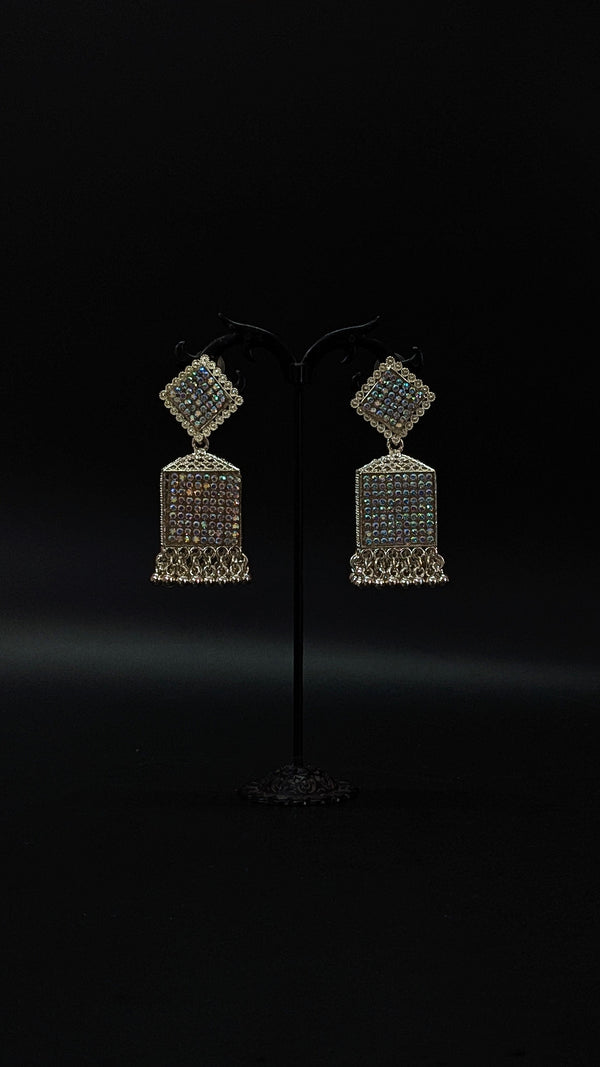 Oxidised Silver Sparkling Ethnic Dangler Earrings